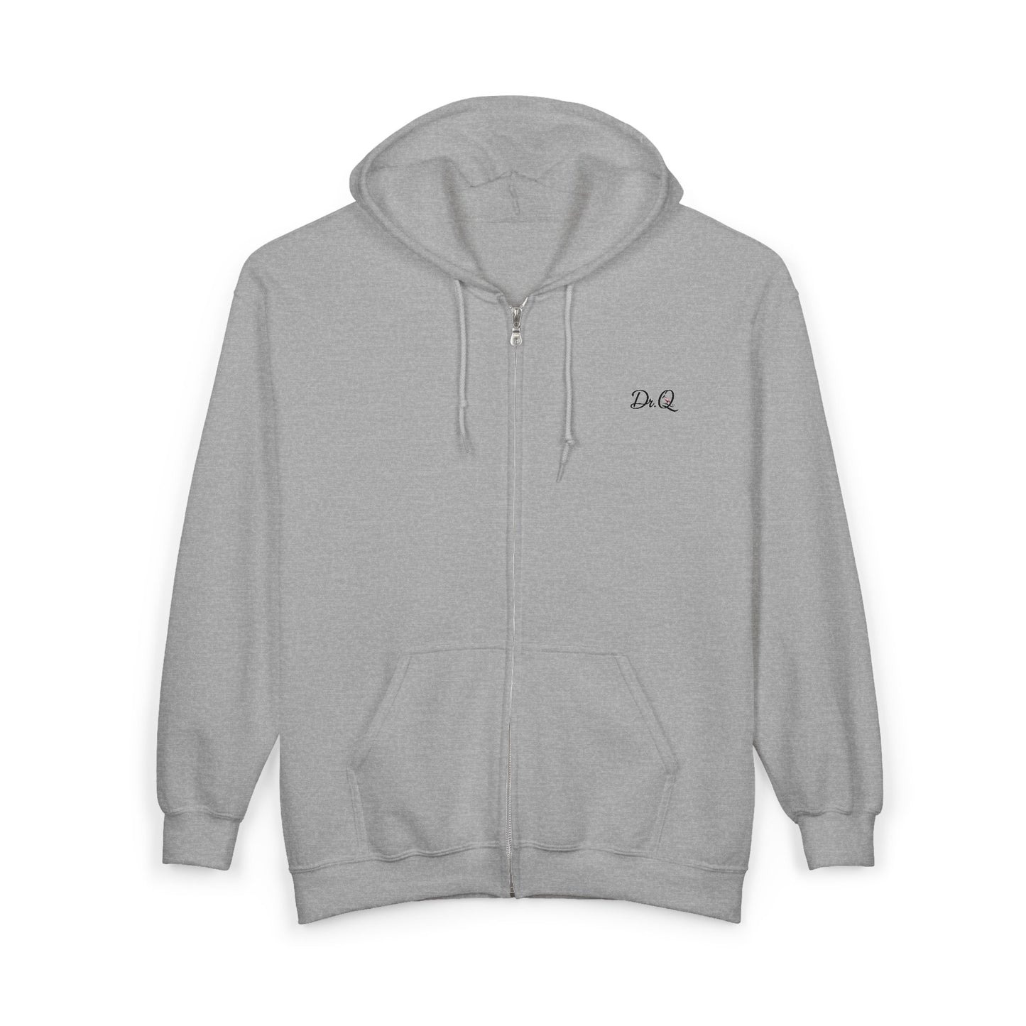 Dr. Q's Full-Zip Hoodie — Woman in Pink Hat Beach Art Zip-Up Sweatshirt
