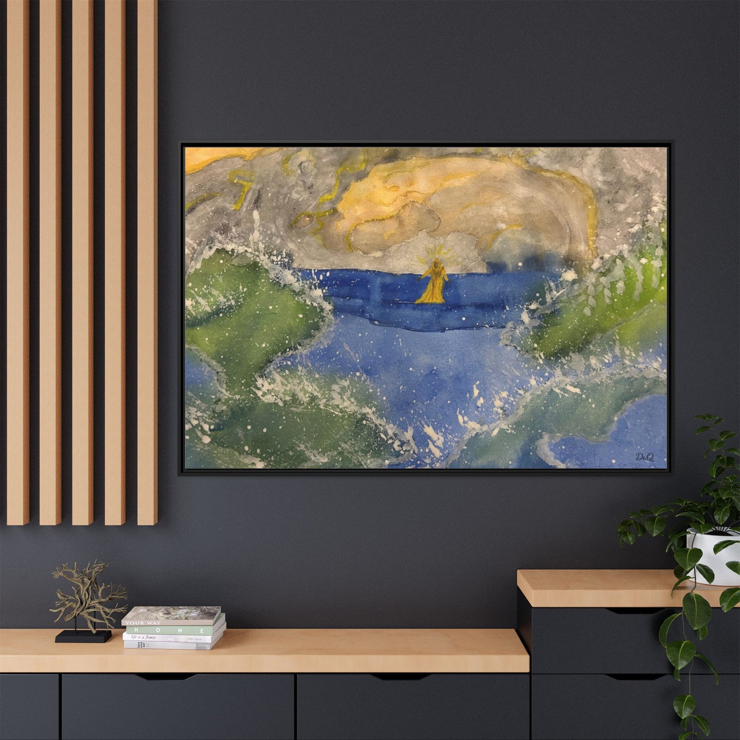 "Faith in the Storm" Framed Matte Canvas Seascape — Golden Sail at Sunset