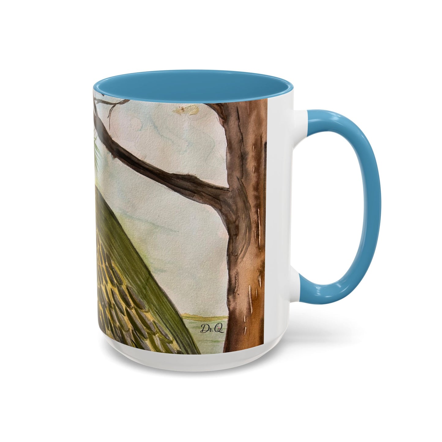 Green Heron Watercolor Accent Coffee Mug — Nature Bird Watercolor (11/15oz)