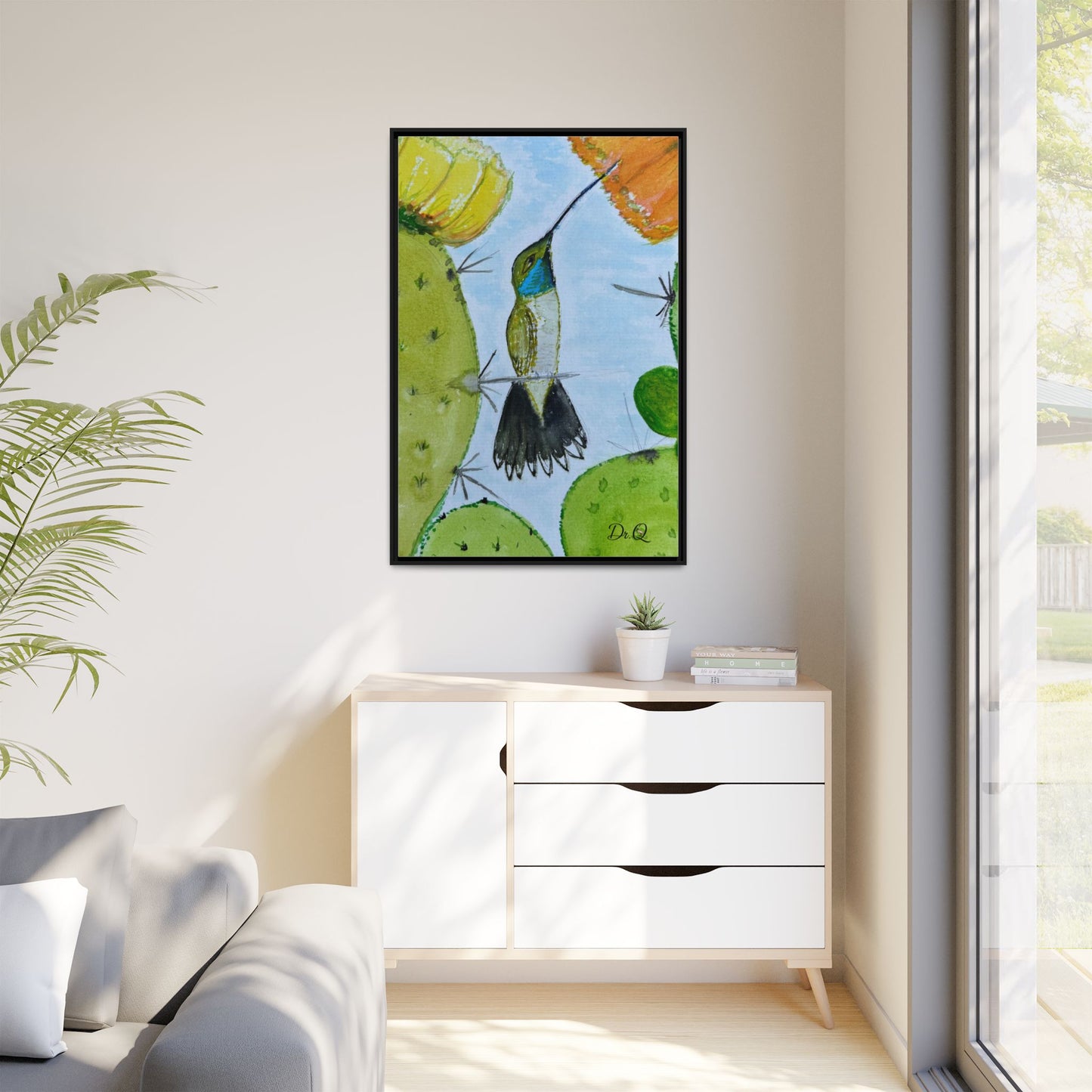 Framed Hummingbird Cactus Watercolor Print on Canvas by Dr. Q — Floral Desert Wall Art