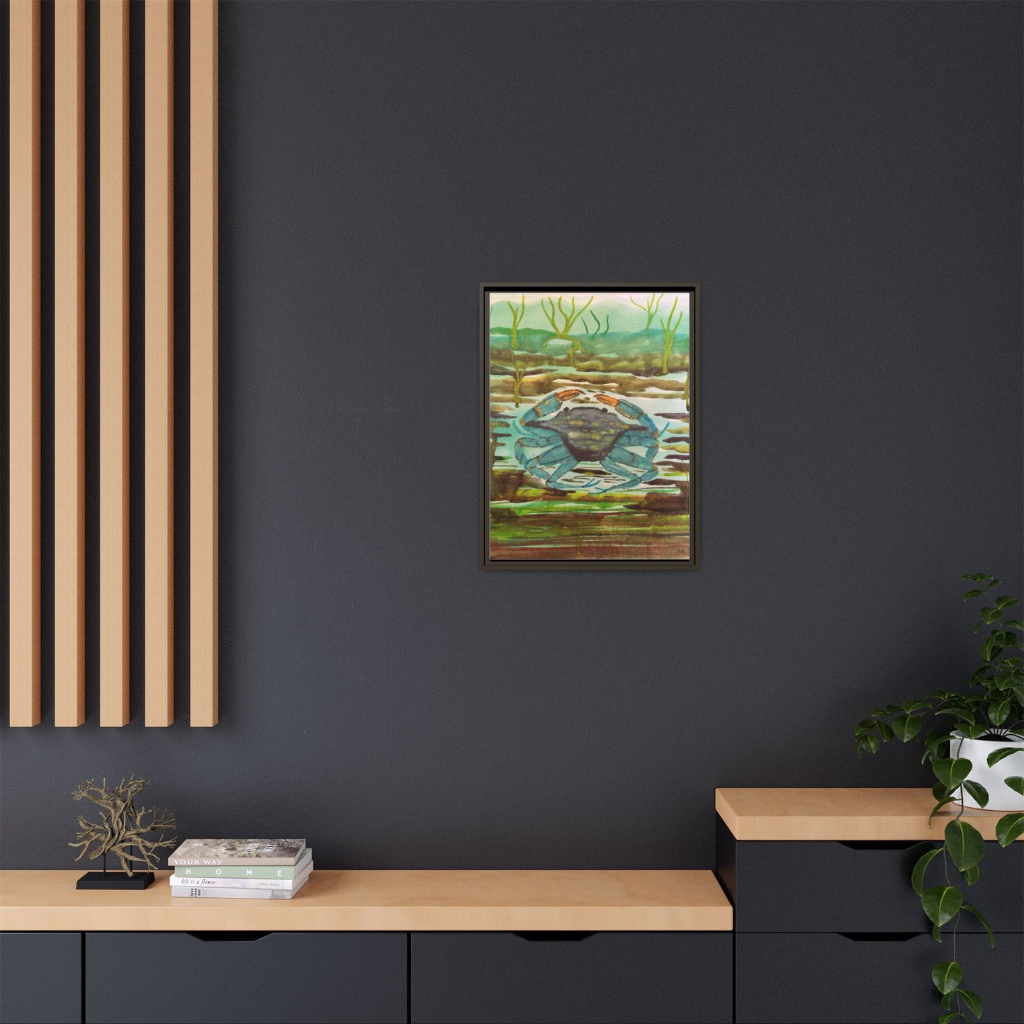 Blue Crab Coastal Art Print — Matte Framed Canvas