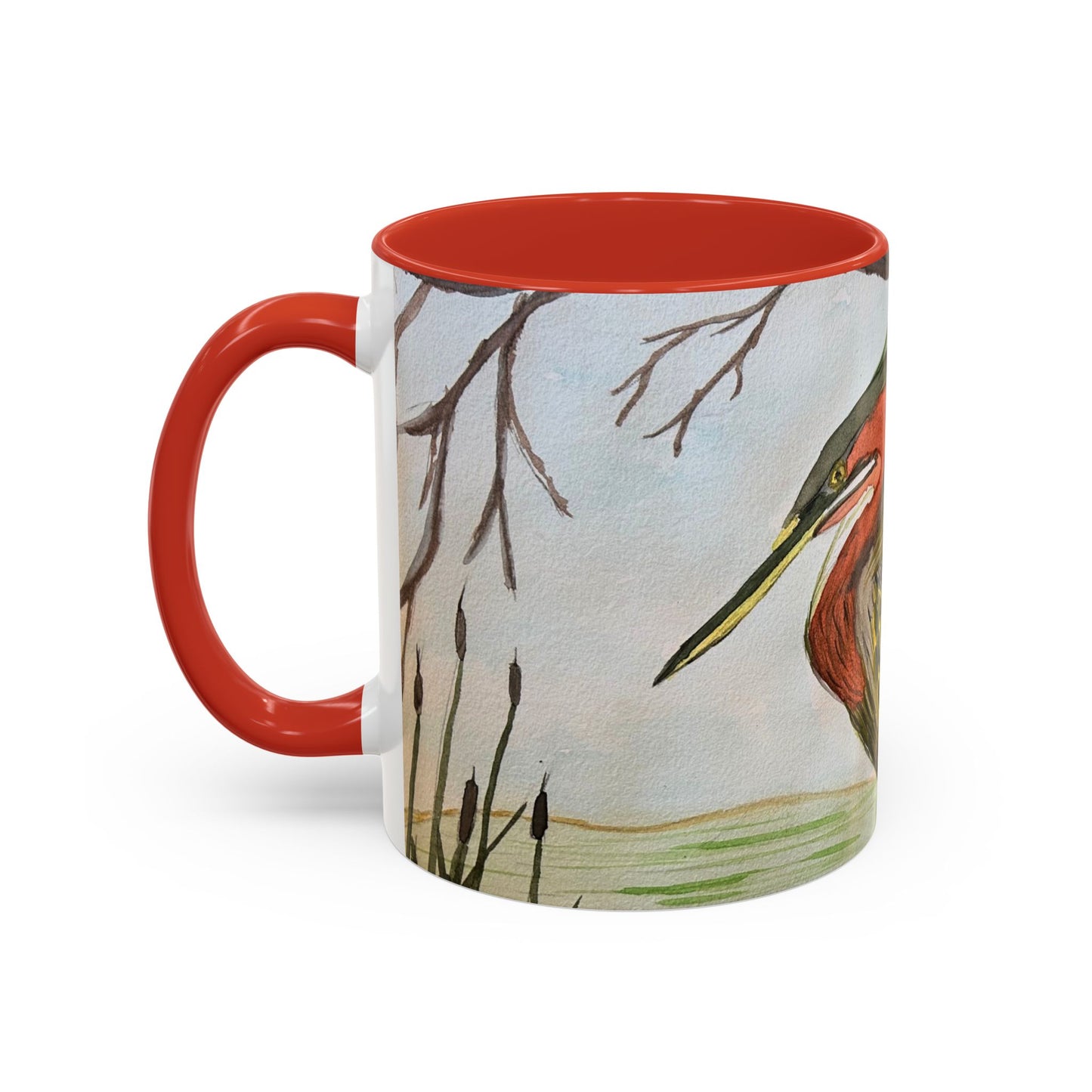 Green Heron Watercolor Accent Coffee Mug — Nature Bird Watercolor (11/15oz)