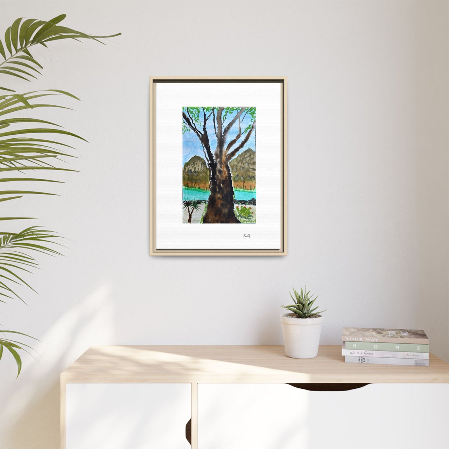 Tranquil Lakeside Tree Watercolor - Framed Matte Canvas Print by Dr. Q