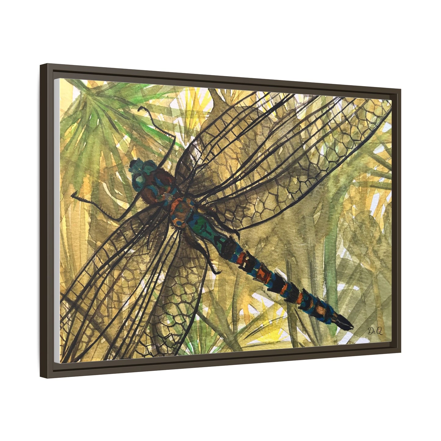 Dragonfly Framed Canvas Art — Botanical Watercolor Wall Decor