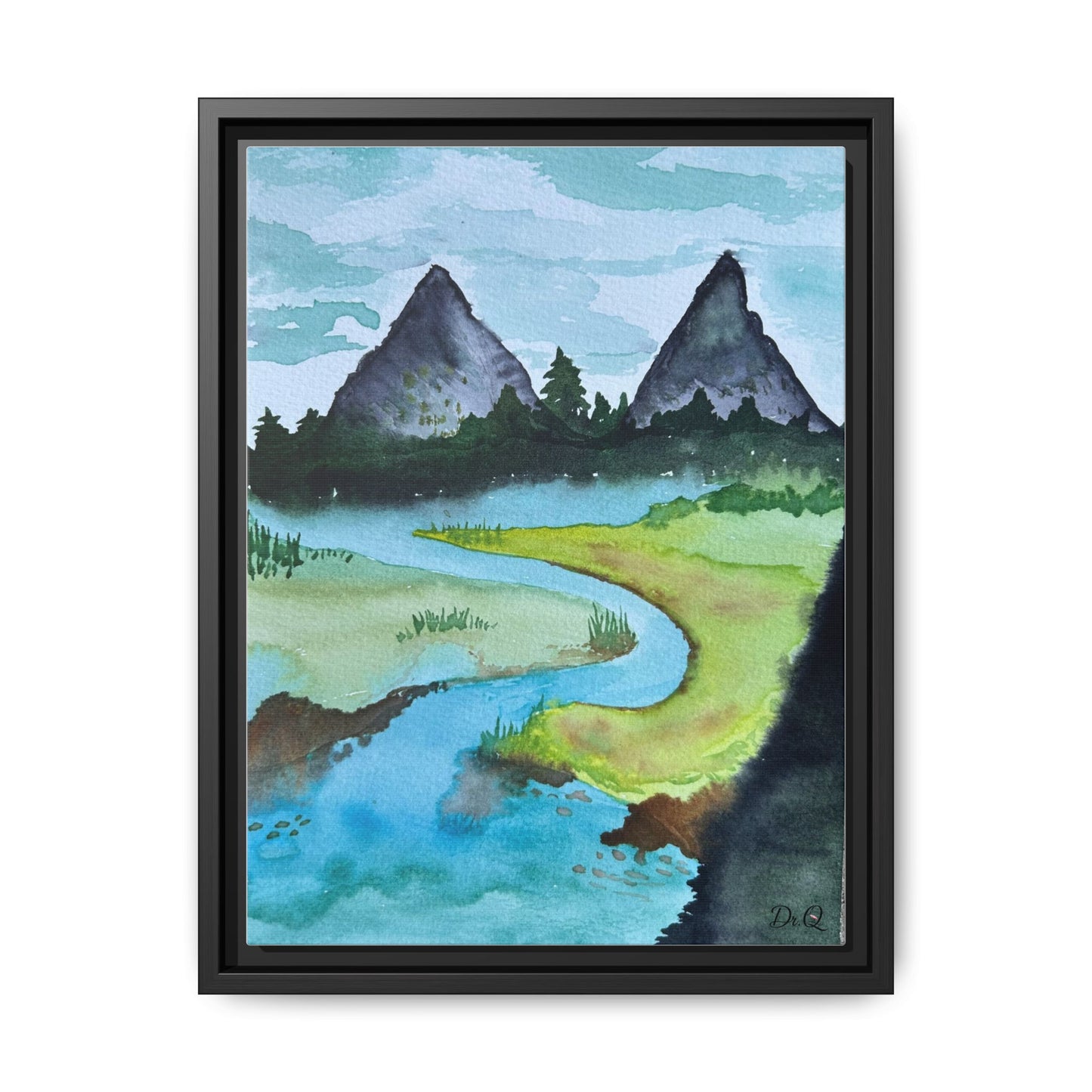 Mountain River Framed Canvas Watercolor Print by Dr. Q