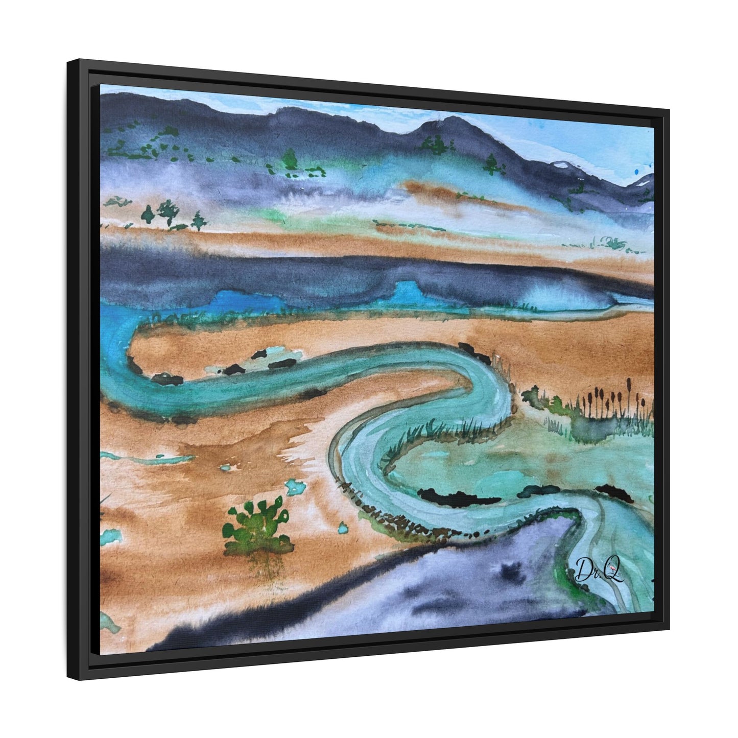 Winding River by Dr. Q - Framed Matte Canvas Watercolor Wall Art
