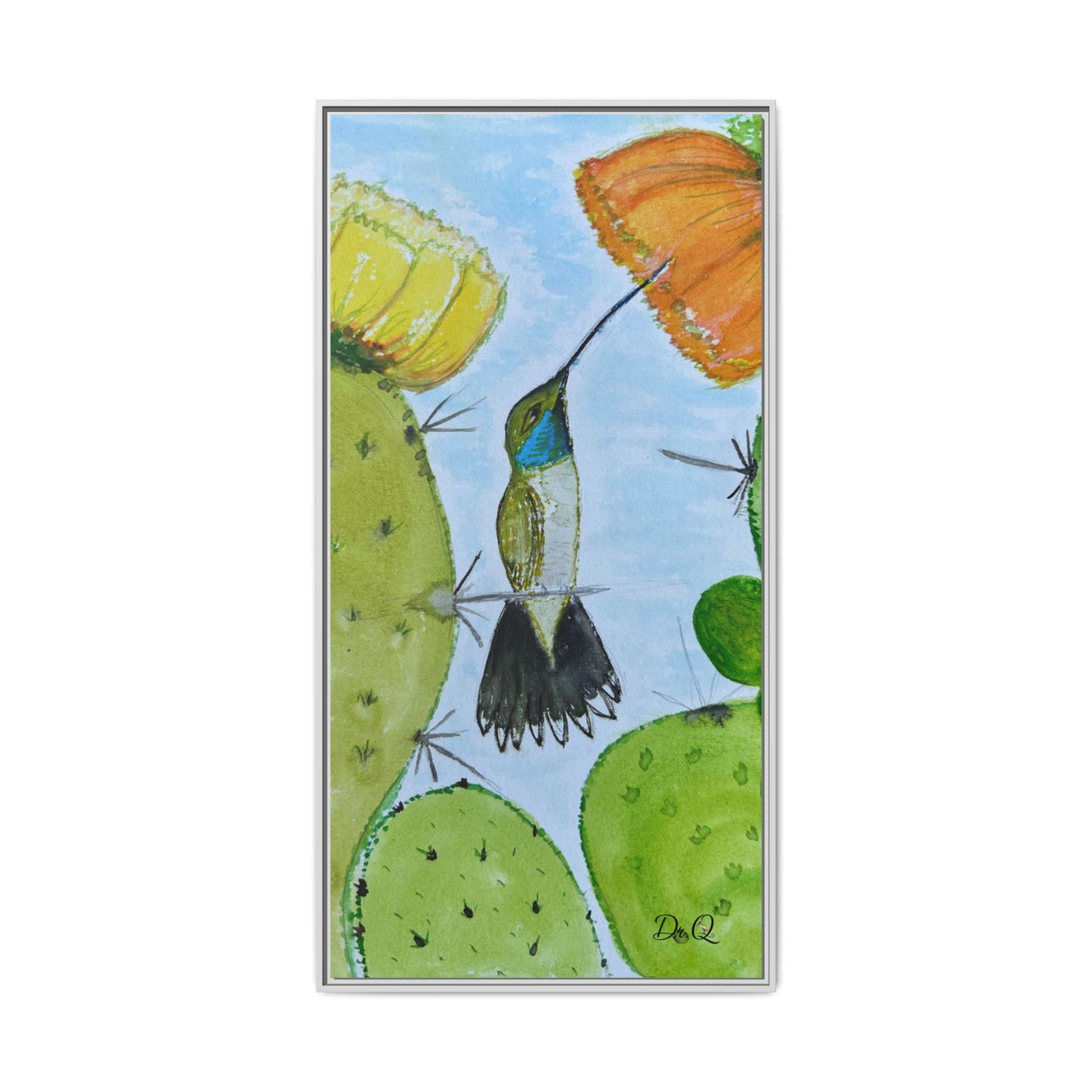 Framed Hummingbird Cactus Watercolor Print on Canvas by Dr. Q — Floral Desert Wall Art