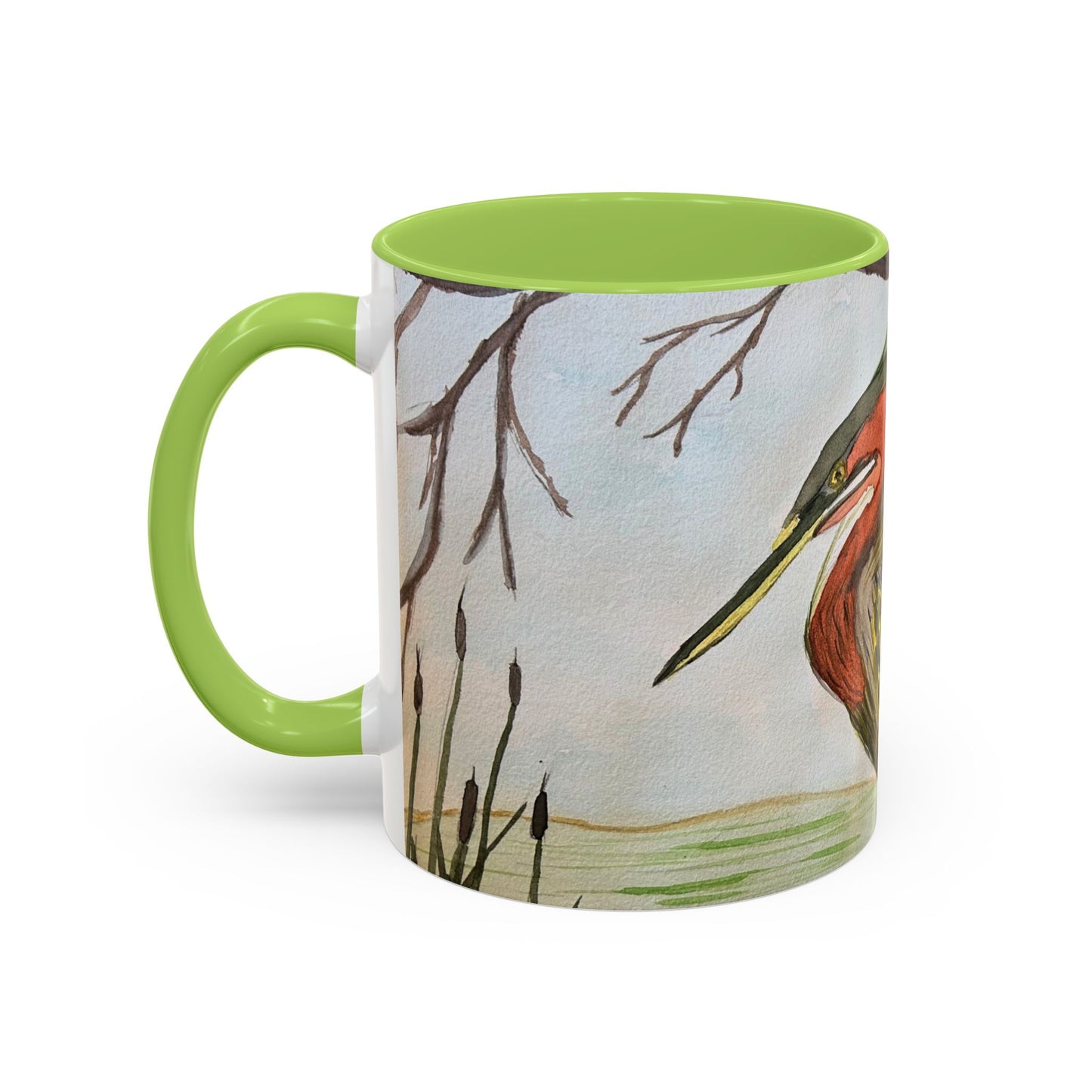 Green Heron Watercolor Accent Coffee Mug — Nature Bird Watercolor (11/15oz)