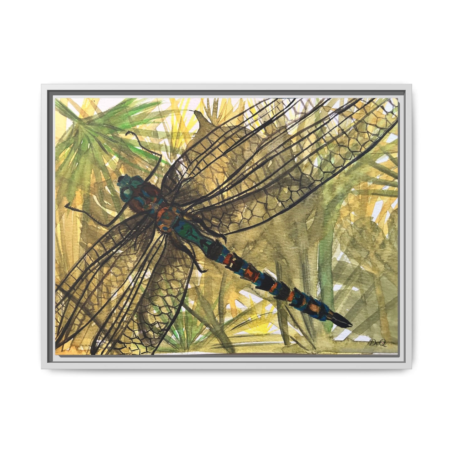 Dragonfly Framed Canvas Art — Botanical Watercolor Wall Decor