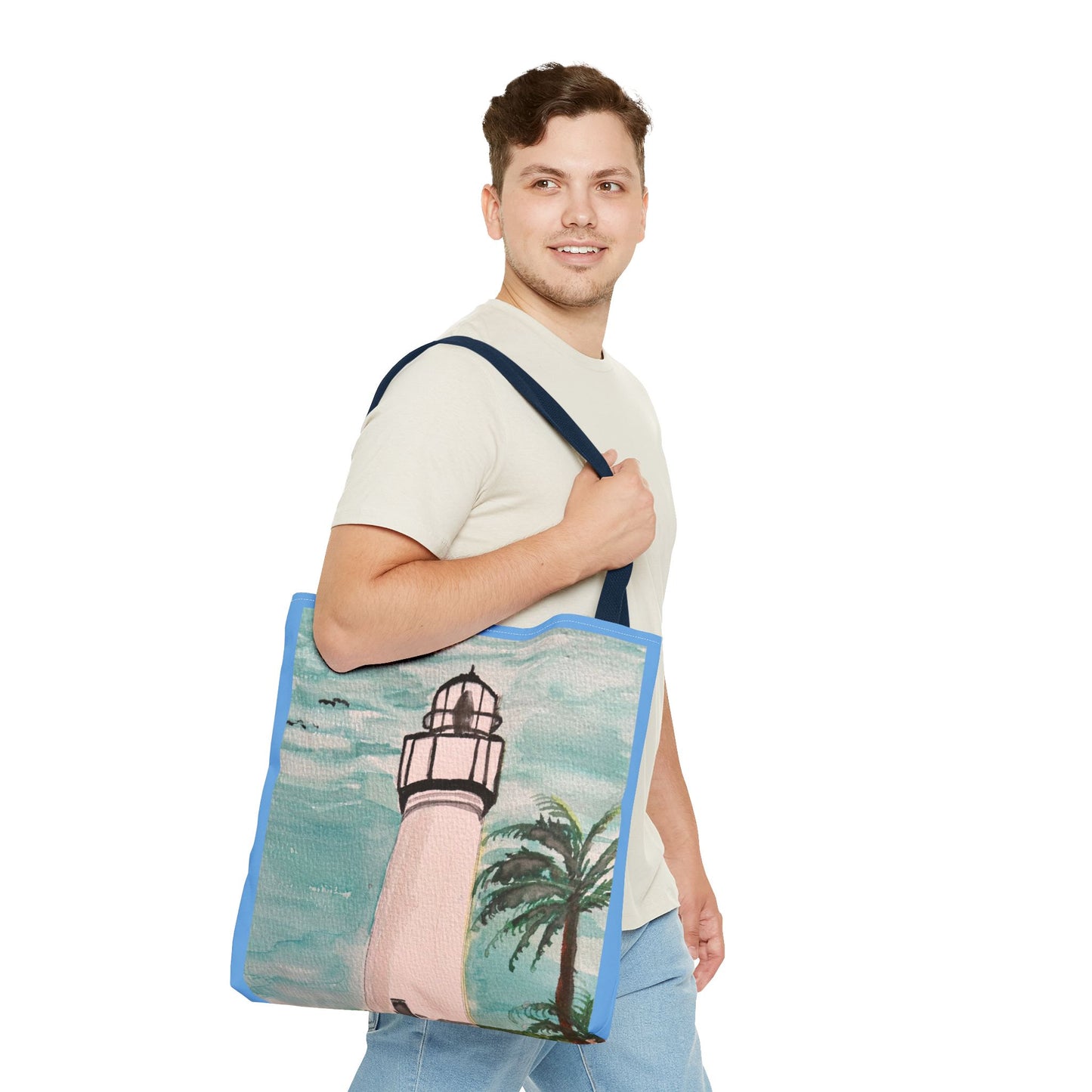 Coastal Lighthouse Tote Bag — Beachy Palm Print All-Over-Print Tote