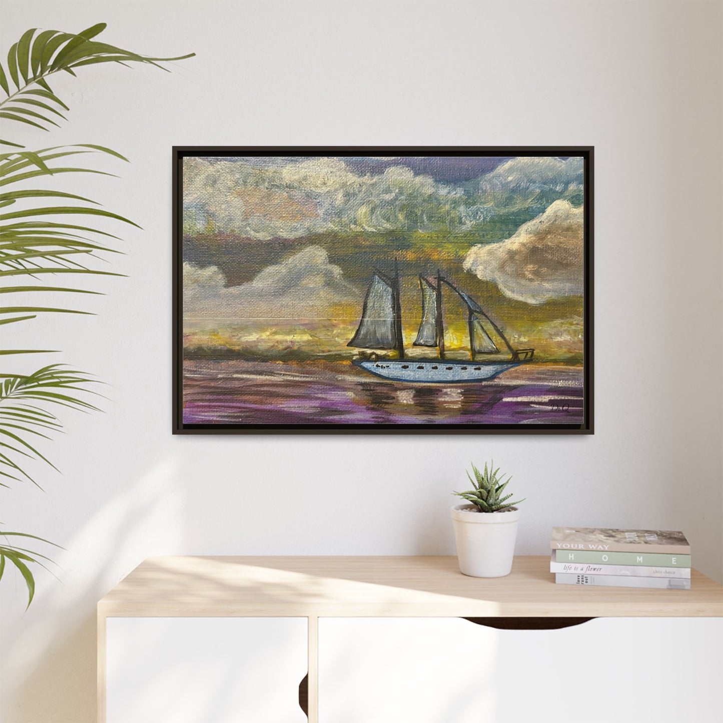 Framed Matte Canvas Sailboat Painting — Serene Seascape Wall Art