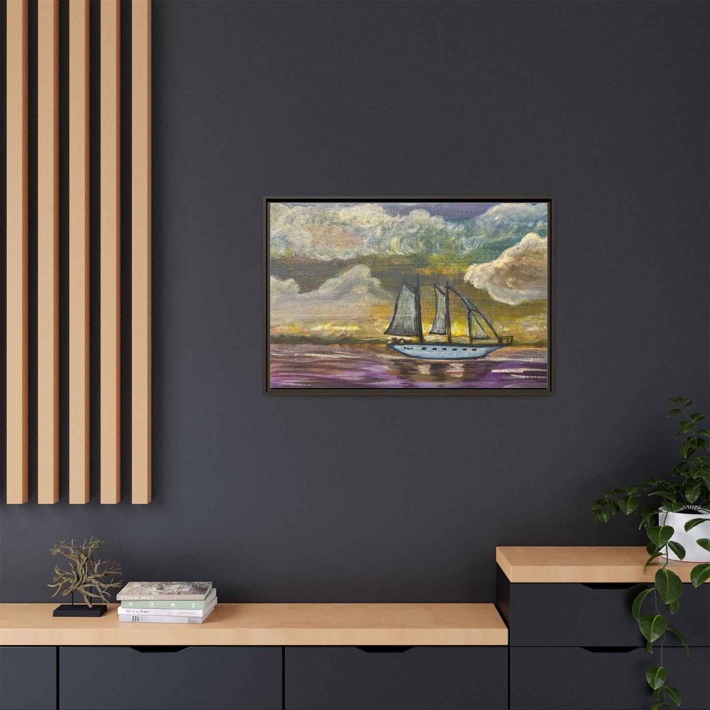 Framed Matte Canvas Sailboat Painting — Serene Seascape Wall Art