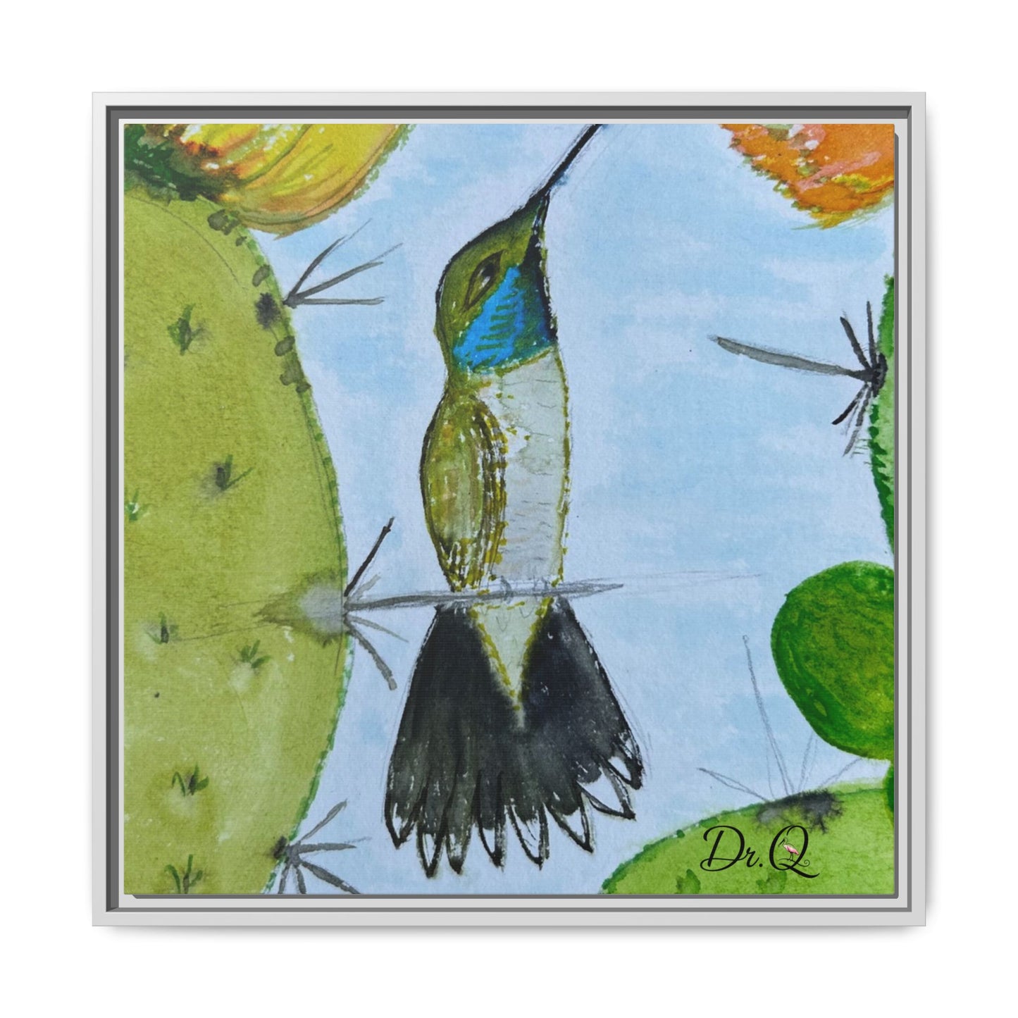 Framed Hummingbird Cactus Watercolor Print on Canvas by Dr. Q — Floral Desert Wall Art