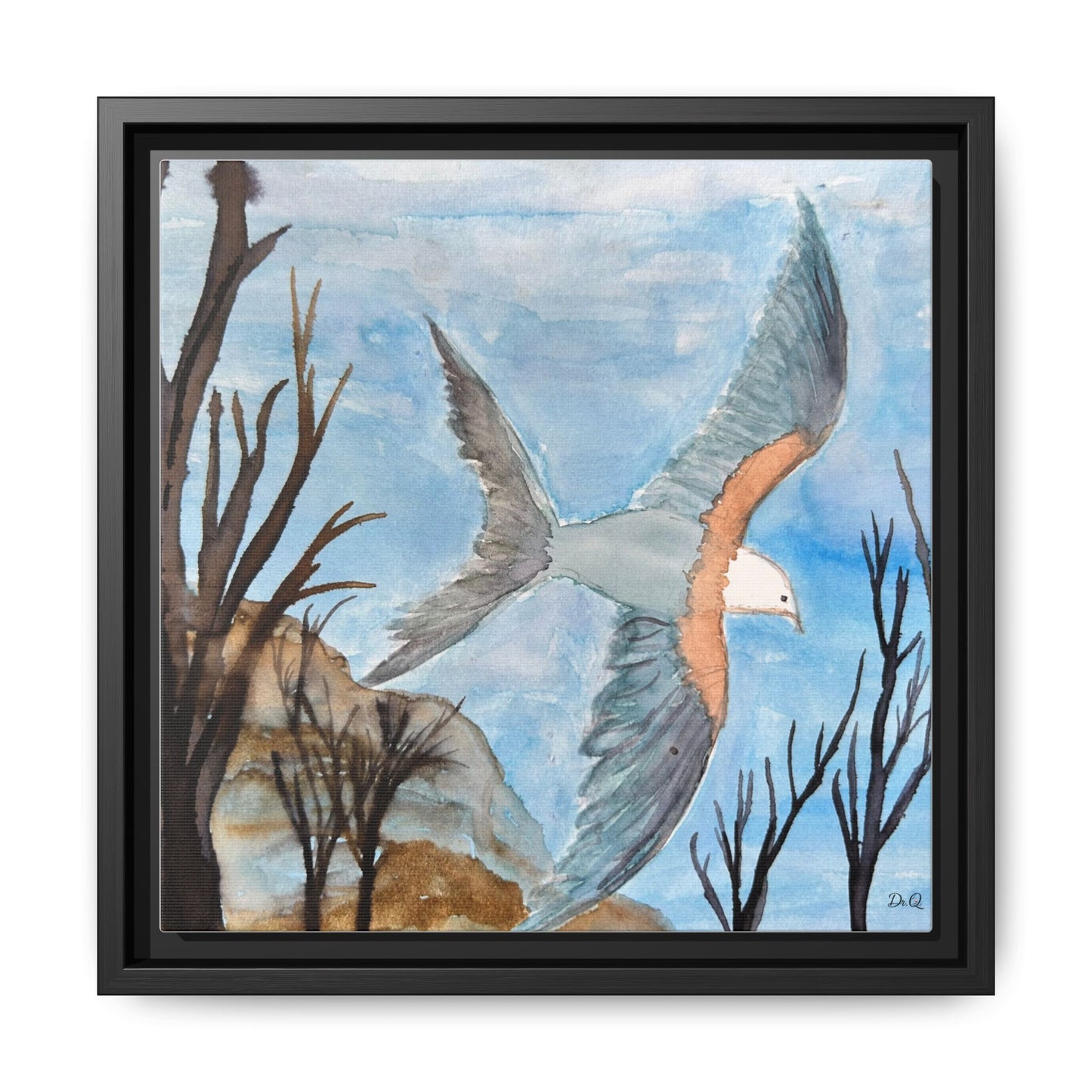 Framed Matte Canvas Wall Art — Soaring Seagull Coastal Print