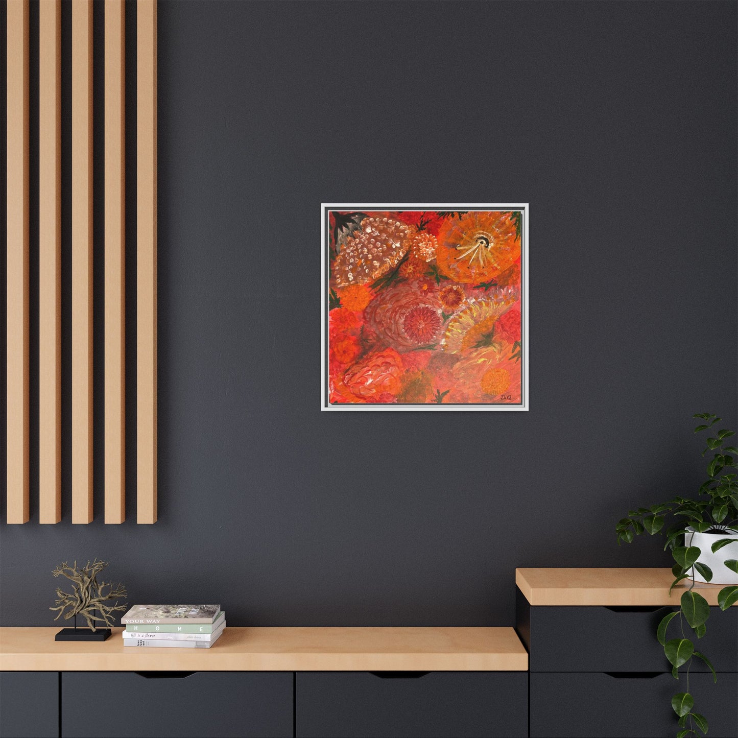 "Floral Burst" Abstract Red Floral Matte Canvas Framed Wall Art