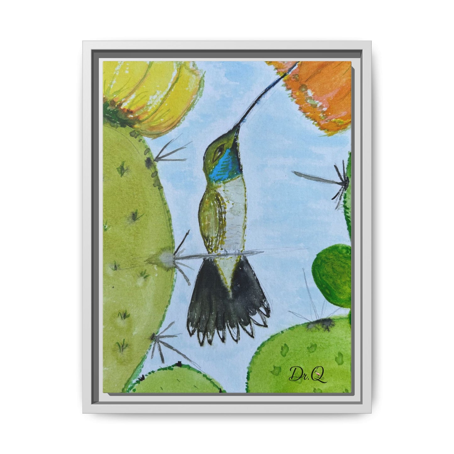 Framed Hummingbird Cactus Watercolor Print on Canvas by Dr. Q — Floral Desert Wall Art