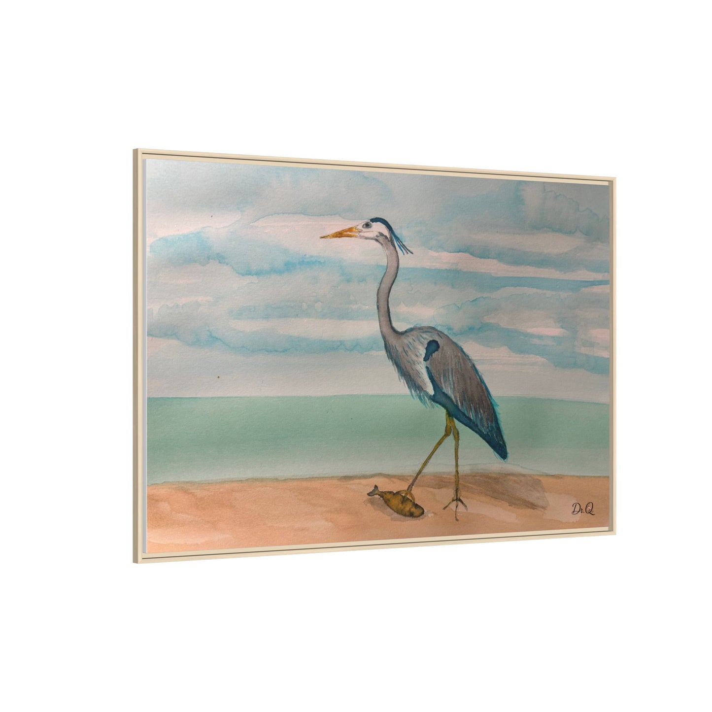 Framed Heron Beach Matte Canvas — Coastal Watercolor Wall Art