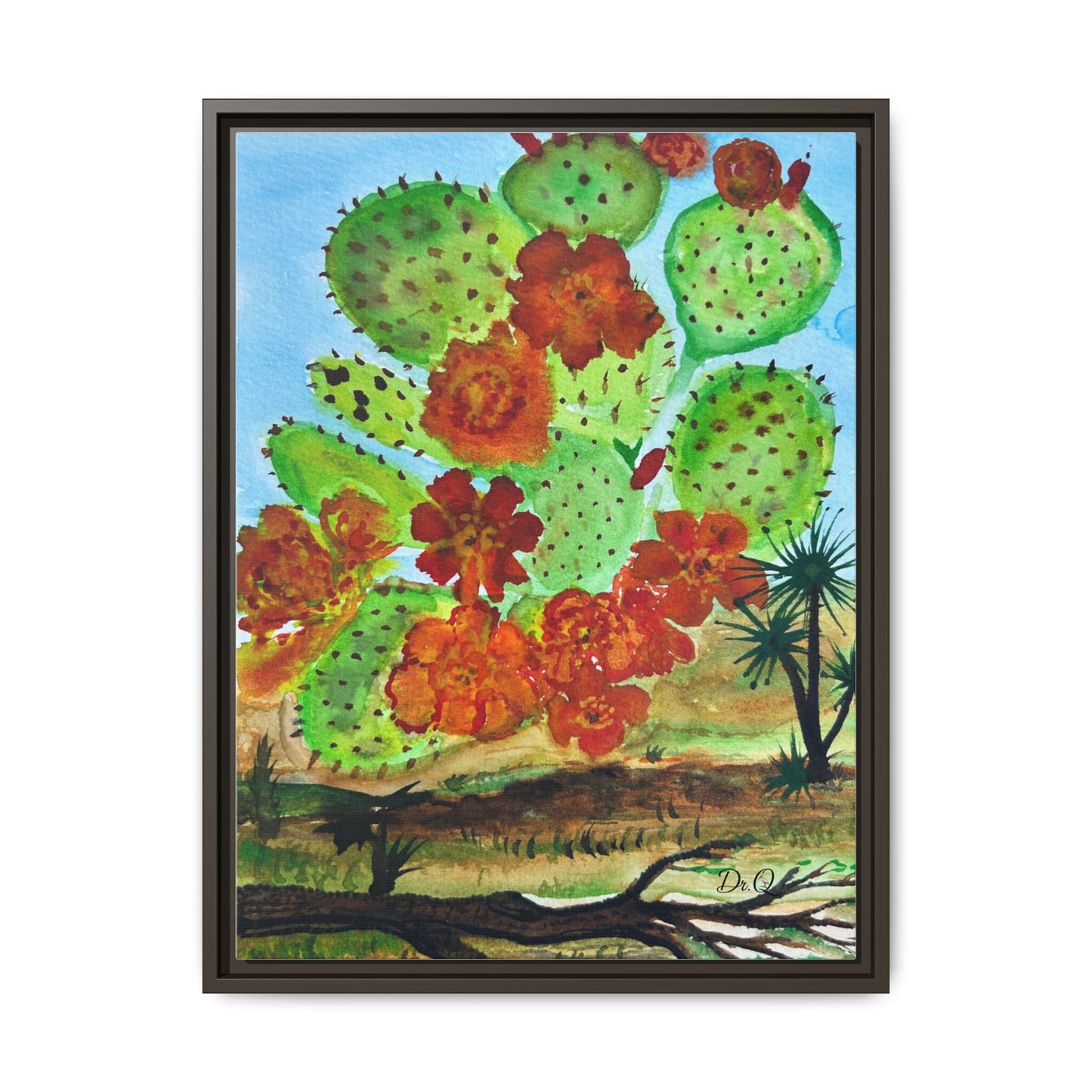 Prickly Pear Cactus Framed Canvas Print — Vertical Botanical Wall Art