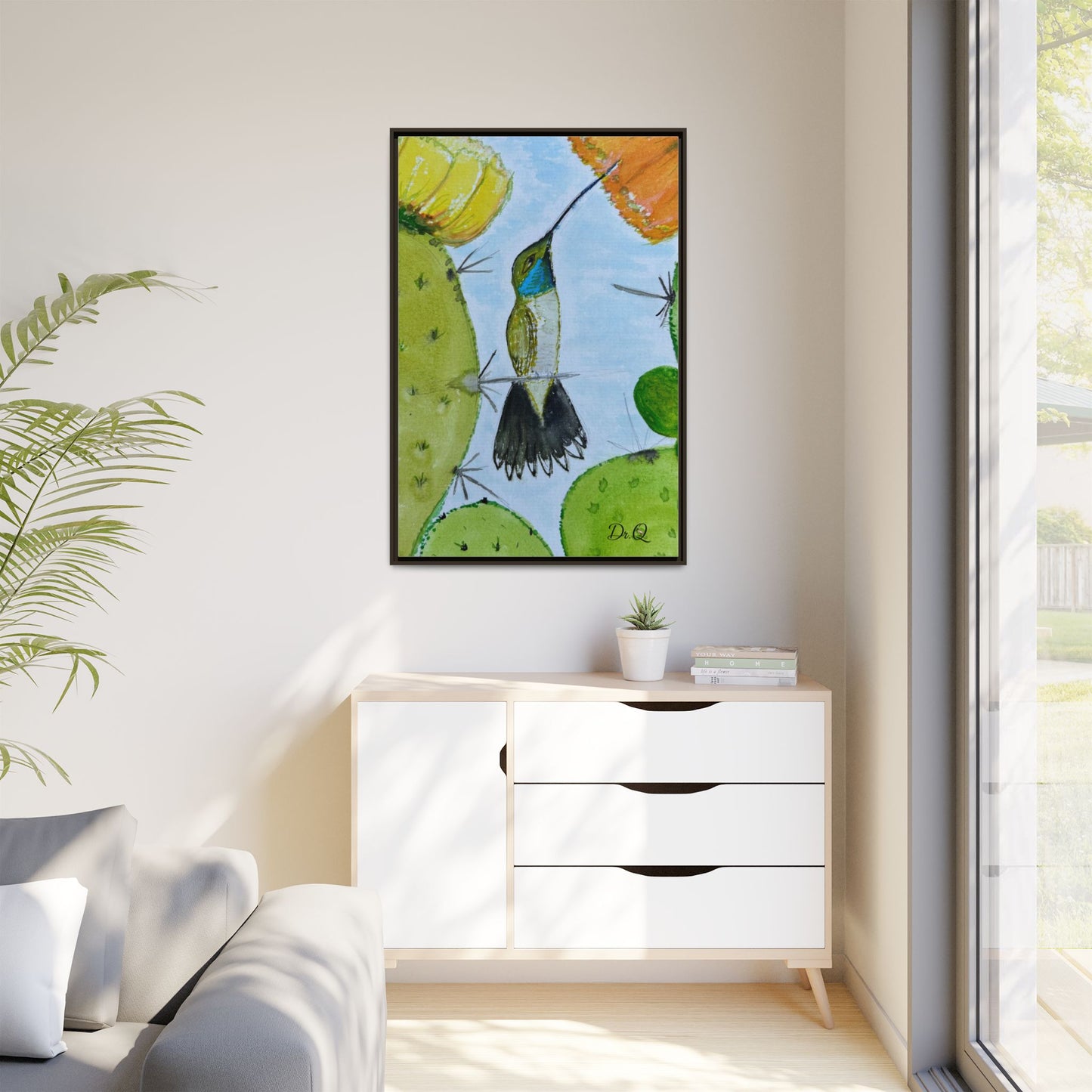 Framed Hummingbird Cactus Watercolor Print on Canvas by Dr. Q — Floral Desert Wall Art