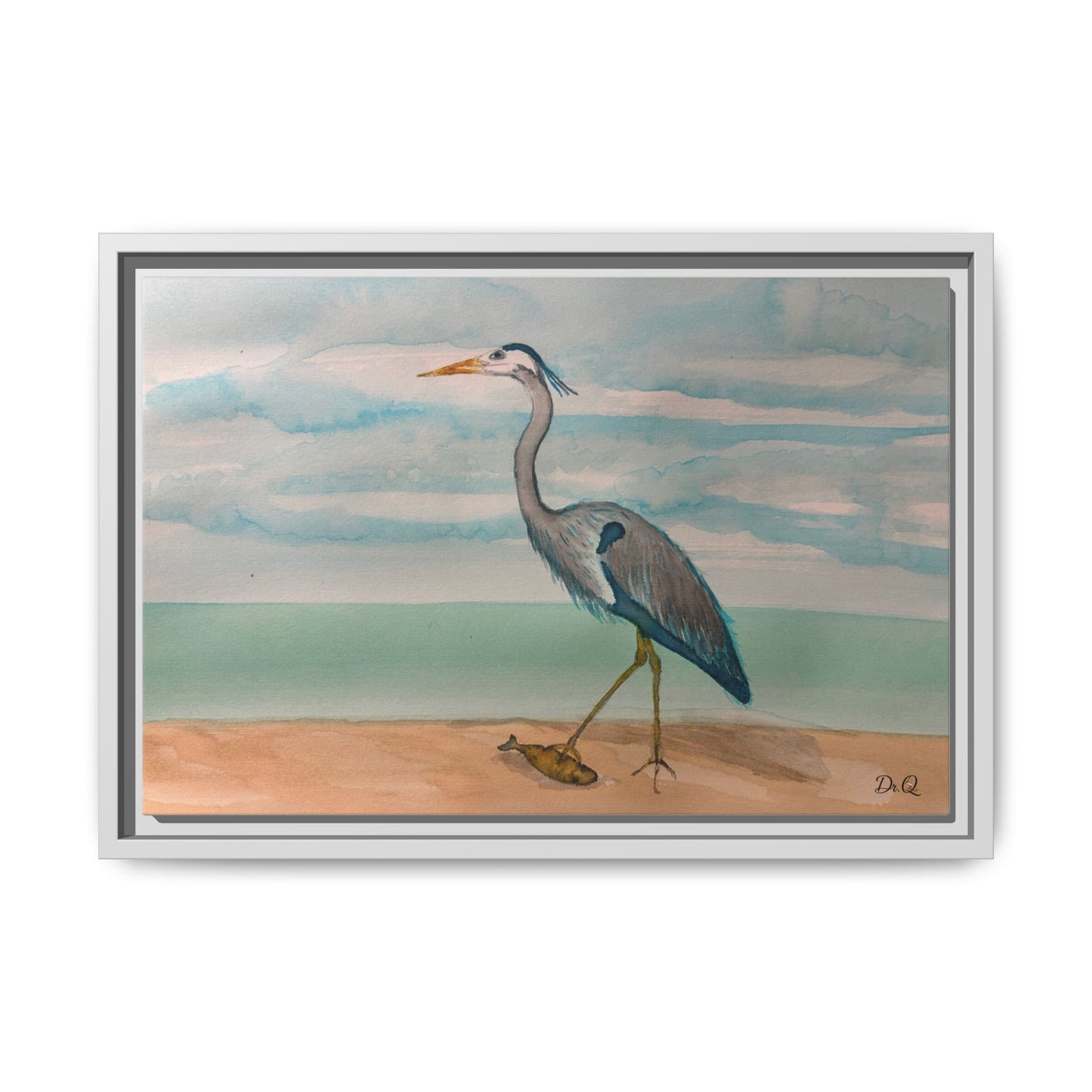 Framed Heron Beach Matte Canvas — Coastal Watercolor Wall Art