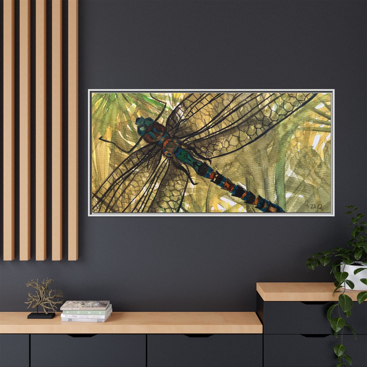 Dragonfly Framed Canvas Art — Botanical Watercolor Wall Decor