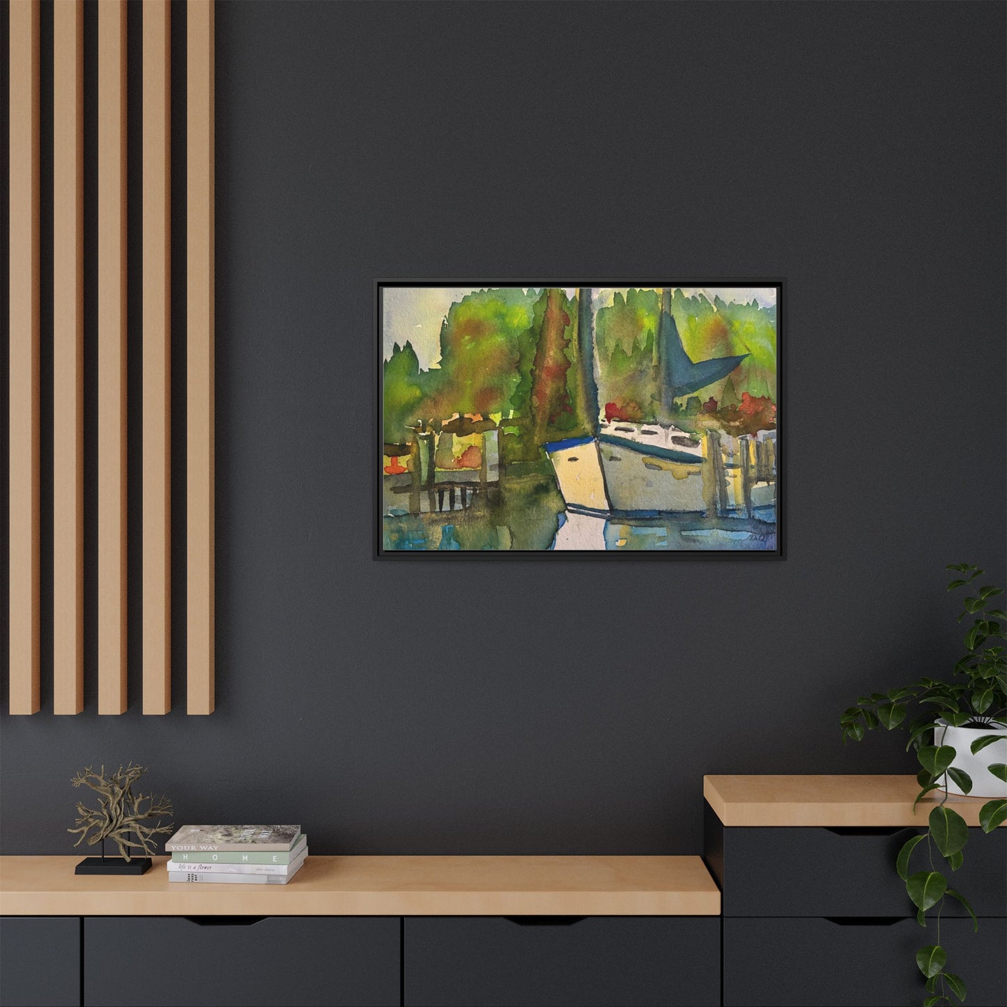 Sailboat Harbor Watercolor — Framed Matte Canvas Wall Art
