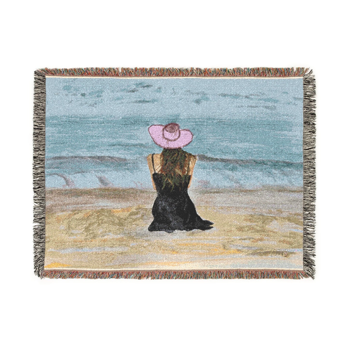 Beachside Woman Woven Blanket — Serene Seaside Throw with Pink Hat Design by Dr. Q