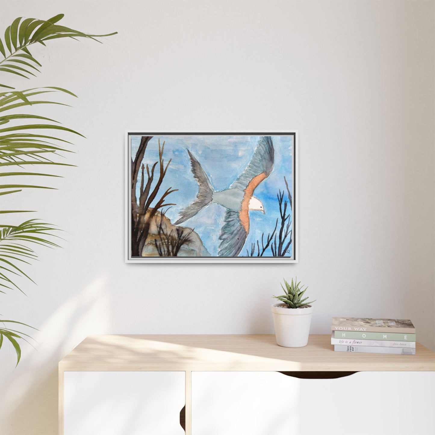 Framed Matte Canvas Wall Art — Soaring Seagull Coastal Print