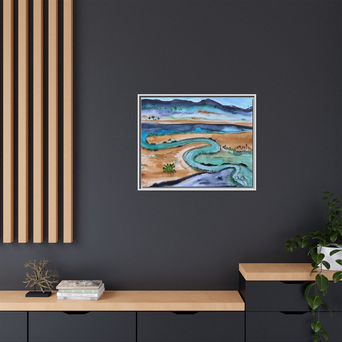 Winding River by Dr. Q - Framed Matte Canvas Watercolor Wall Art