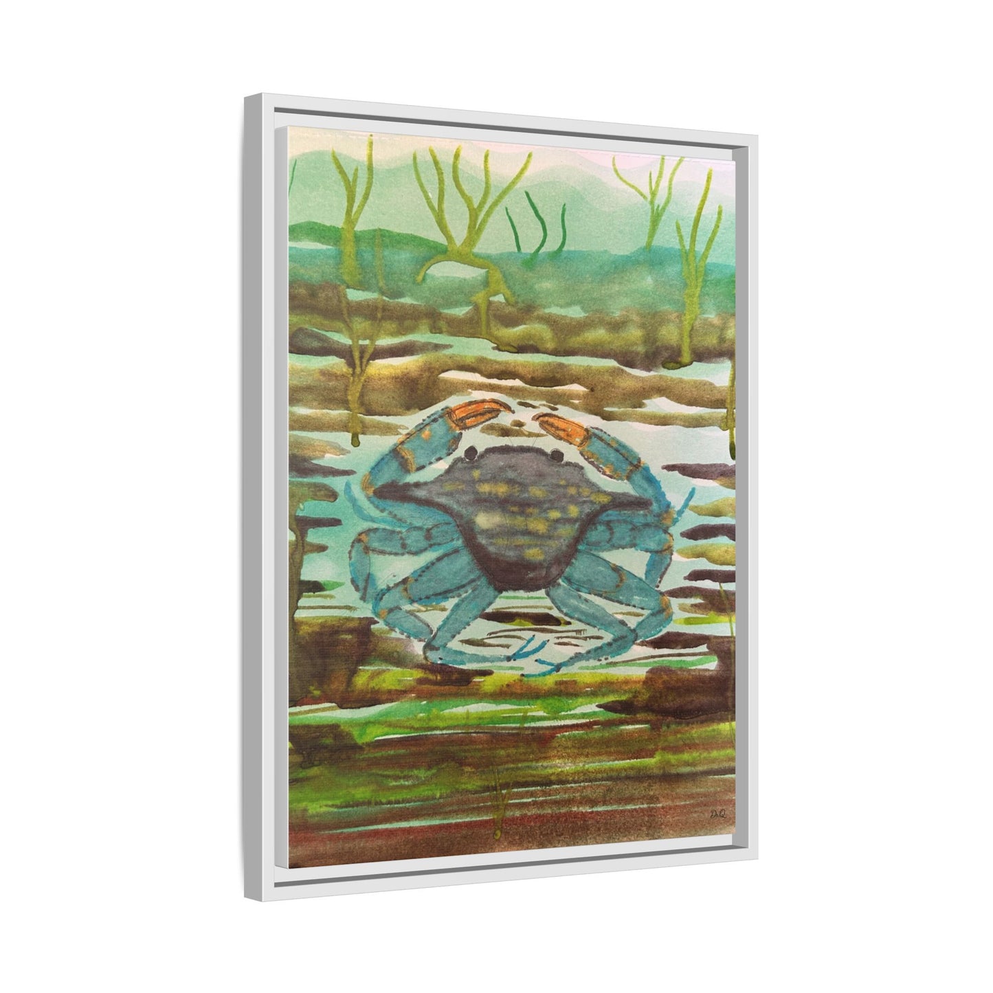 Blue Crab Coastal Art Print — Matte Framed Canvas