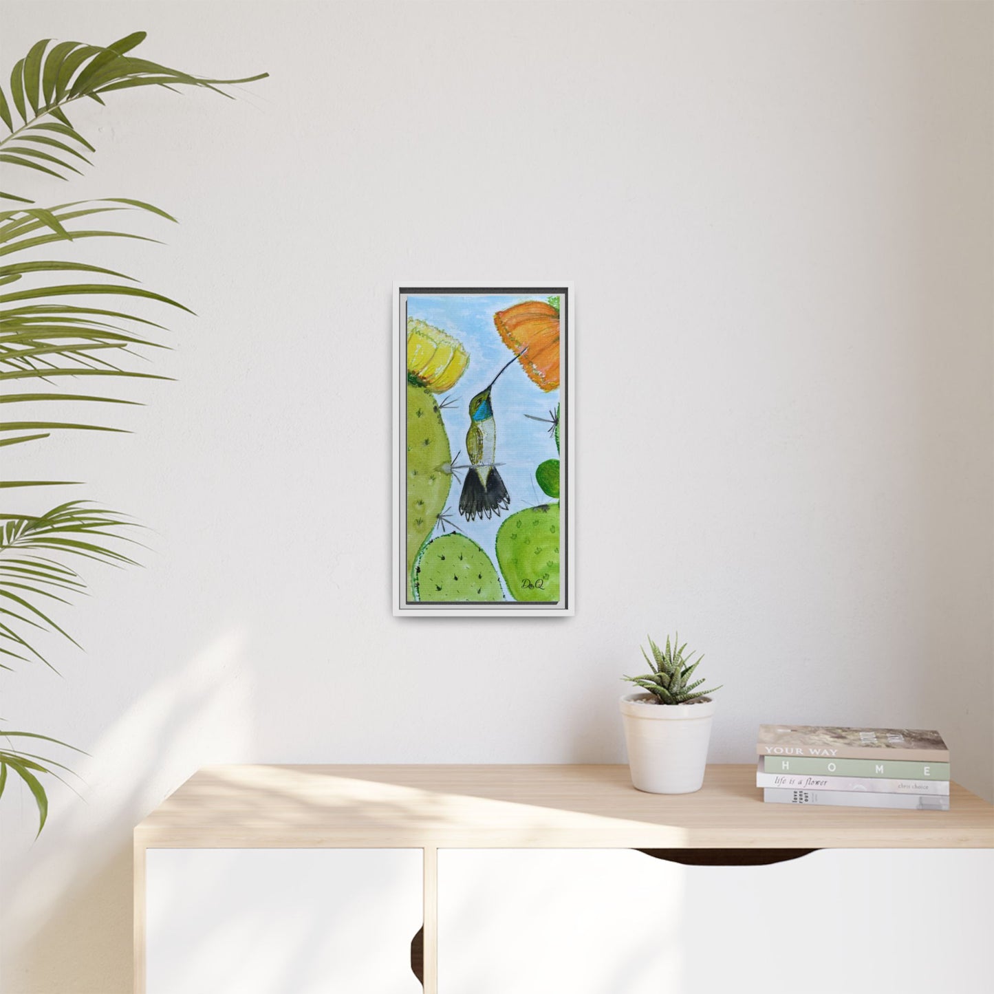 Framed Hummingbird Cactus Watercolor Print on Canvas by Dr. Q — Floral Desert Wall Art