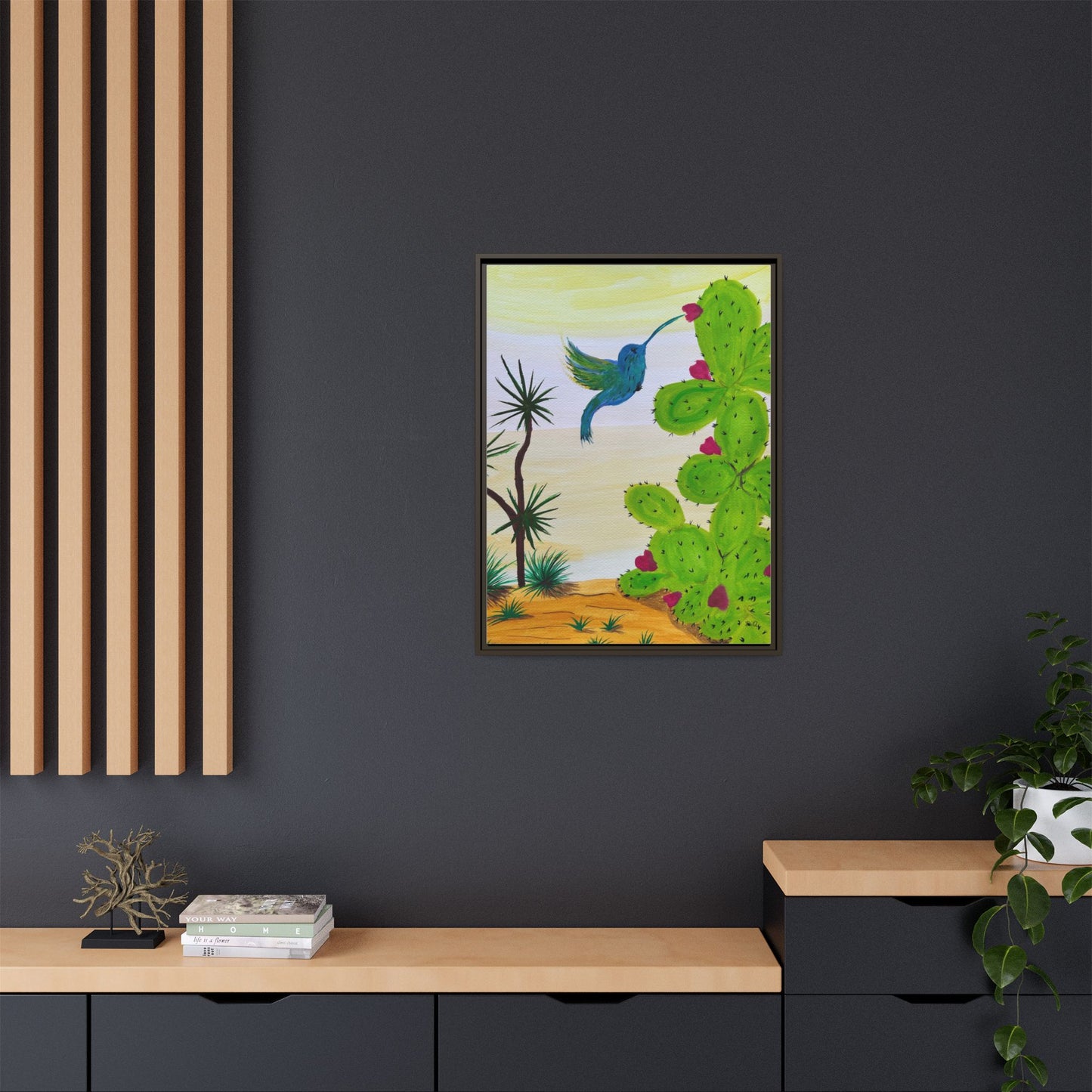 Tropical Cactus & Hummingbird Wall Art - Framed Matte Canvas