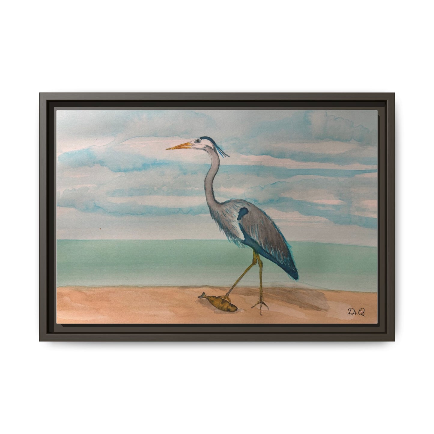 Framed Heron Beach Matte Canvas — Coastal Watercolor Wall Art