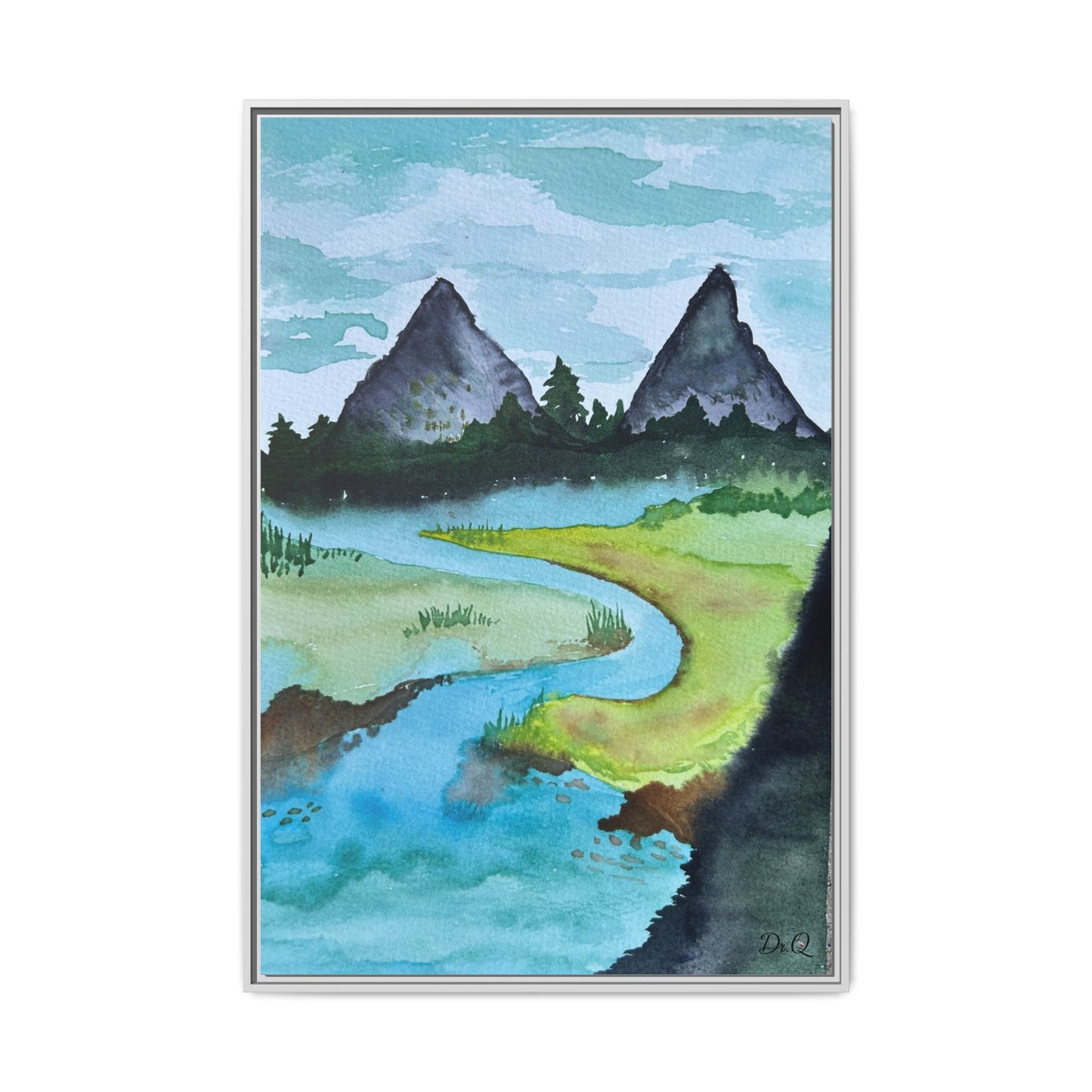 Mountain River Framed Canvas Watercolor Print by Dr. Q