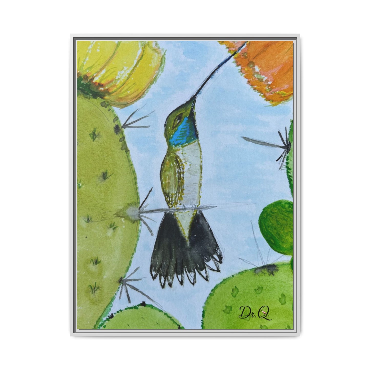 Framed Hummingbird Cactus Watercolor Print on Canvas by Dr. Q — Floral Desert Wall Art