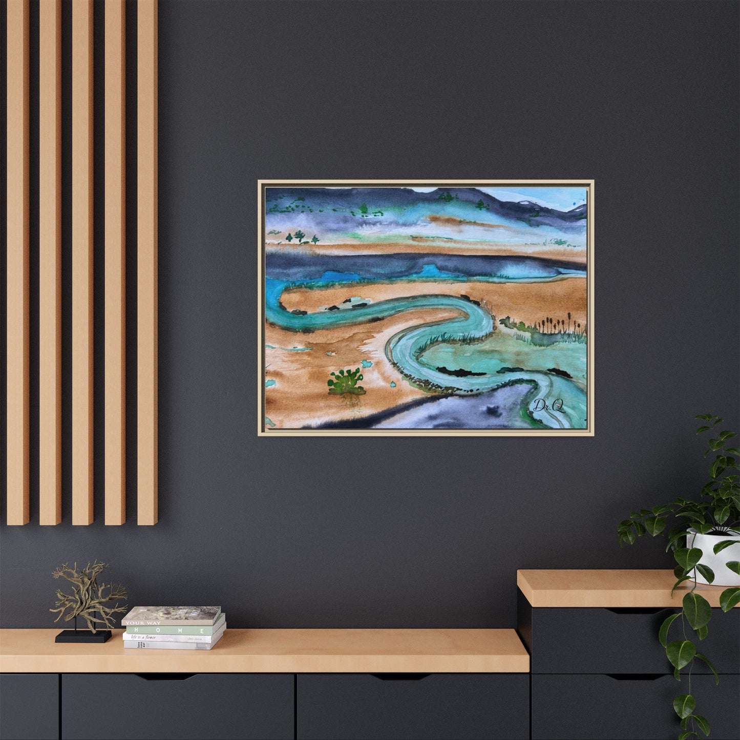 Winding River by Dr. Q - Framed Matte Canvas Watercolor Wall Art