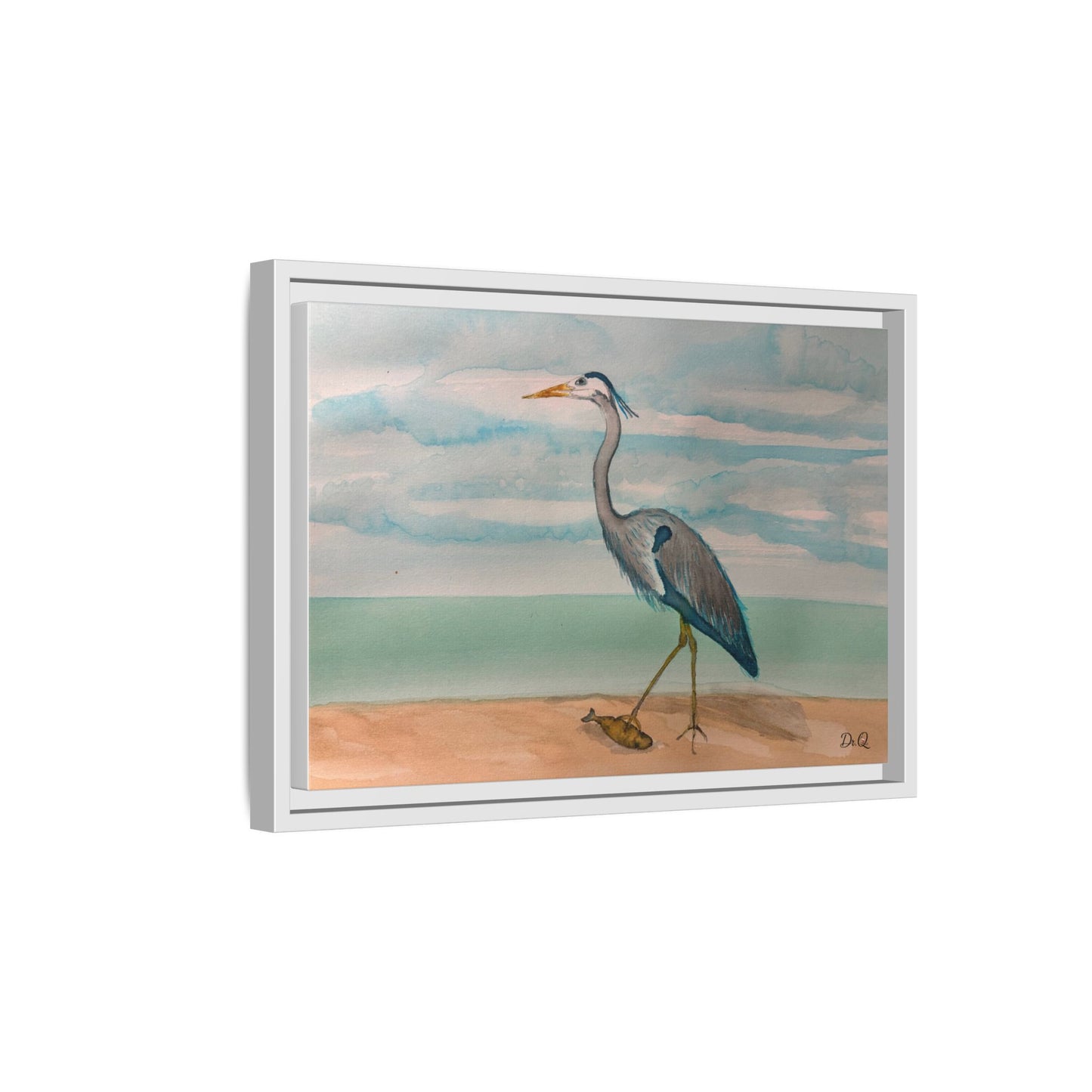 Framed Heron Beach Matte Canvas — Coastal Watercolor Wall Art