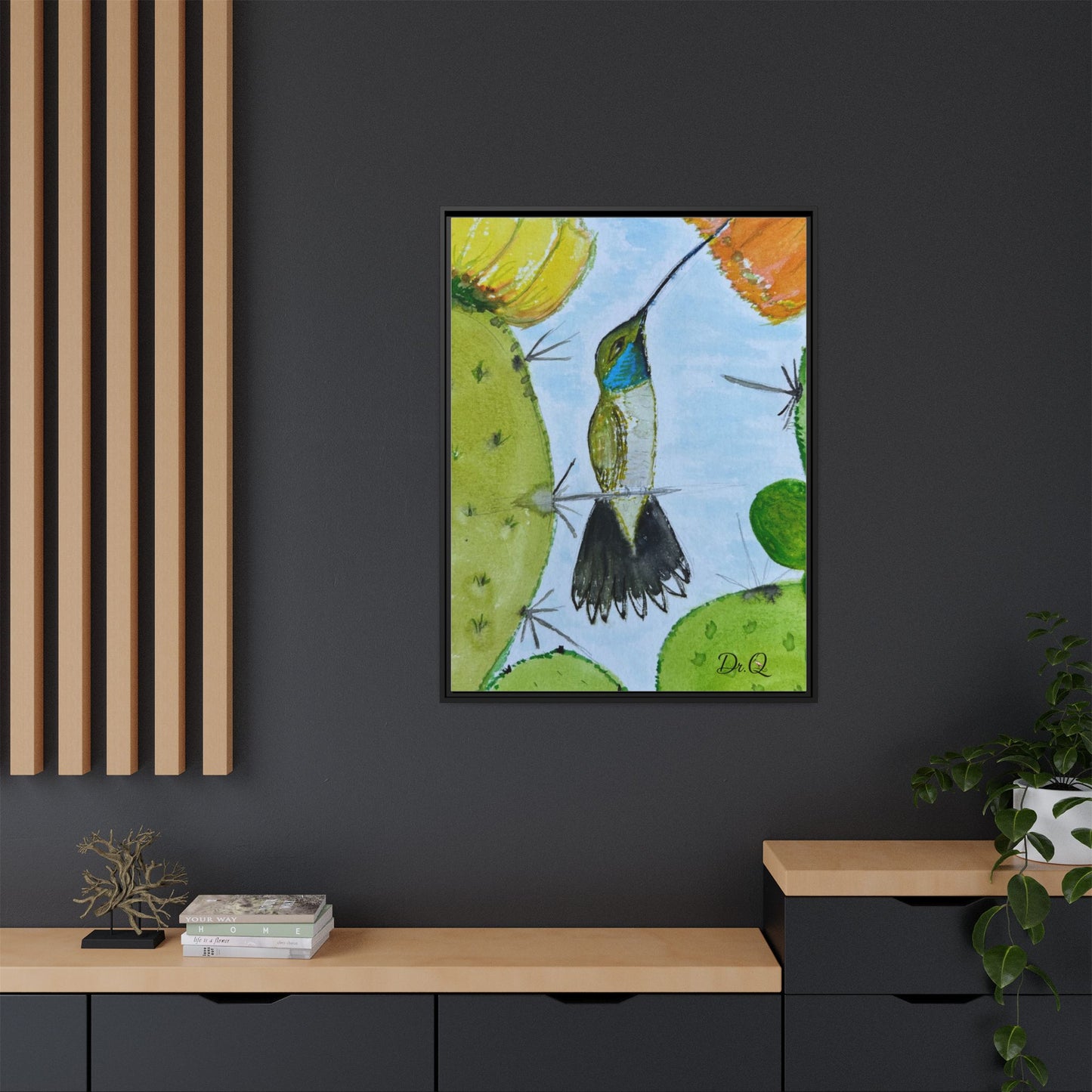 Framed Hummingbird Cactus Watercolor Print on Canvas by Dr. Q — Floral Desert Wall Art