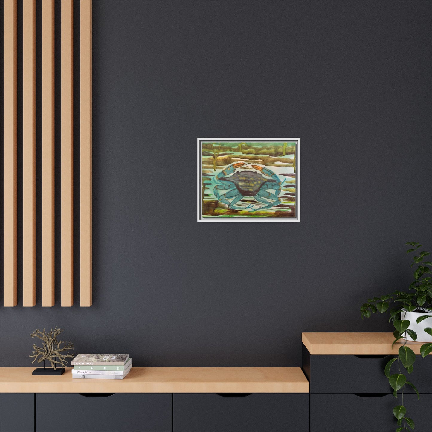 Blue Crab Coastal Art Print — Matte Framed Canvas