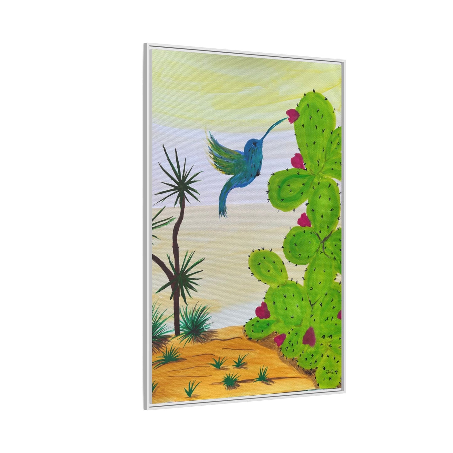 Tropical Cactus & Hummingbird Wall Art - Framed Matte Canvas