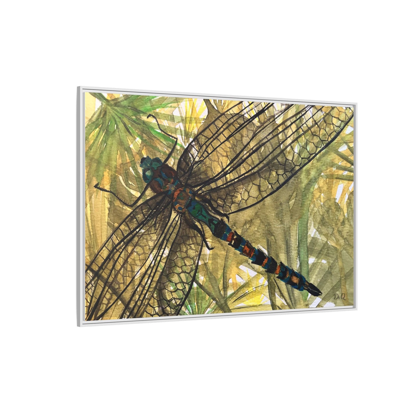 Dragonfly Framed Canvas Art — Botanical Watercolor Wall Decor