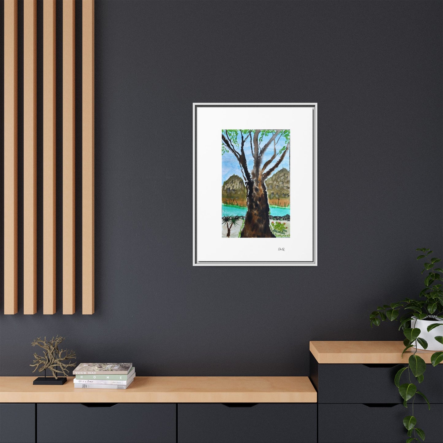 Tranquil Lakeside Tree Watercolor - Framed Matte Canvas Print by Dr. Q
