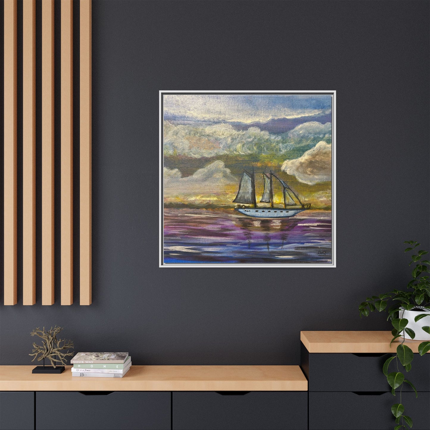 Framed Matte Canvas Sailboat Painting — Serene Seascape Wall Art