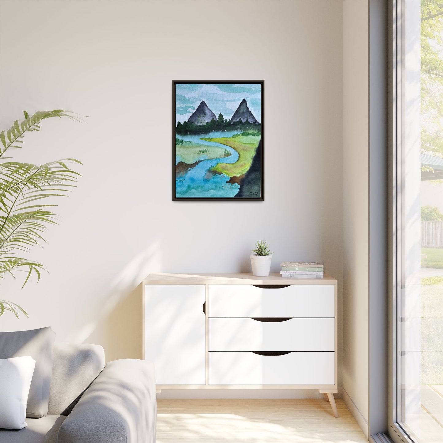 Mountain River Framed Canvas Watercolor Print by Dr. Q