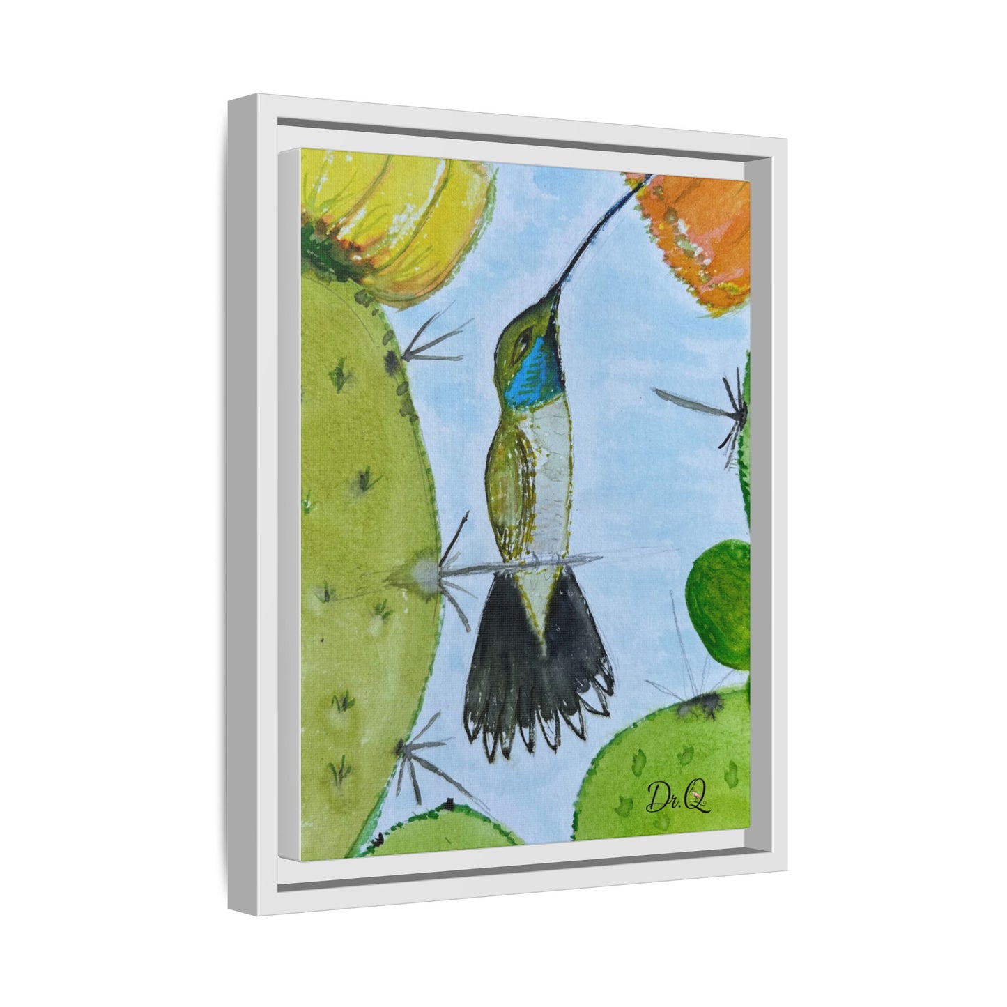 Framed Hummingbird Cactus Watercolor Print on Canvas by Dr. Q — Floral Desert Wall Art