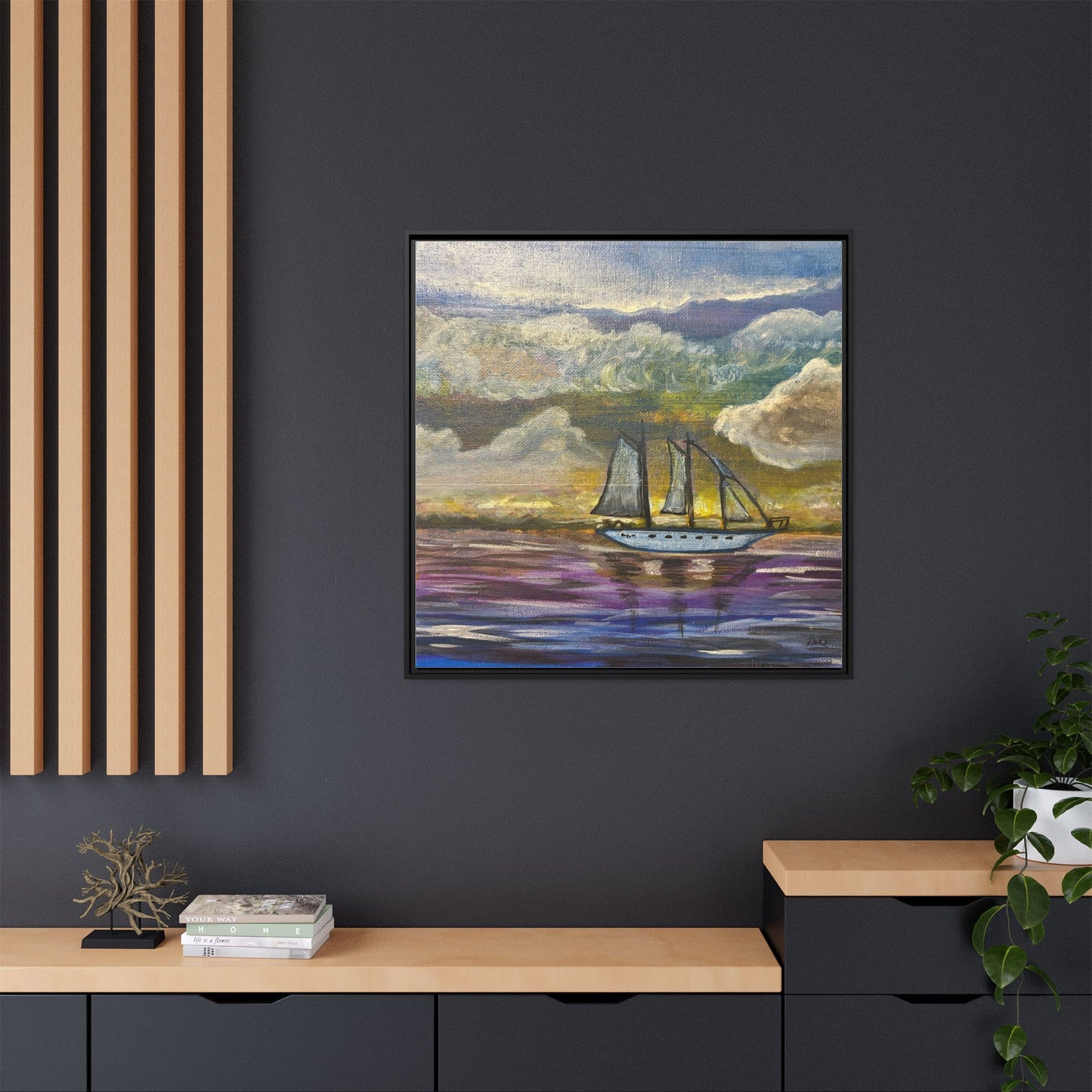 Framed Matte Canvas Sailboat Painting — Serene Seascape Wall Art