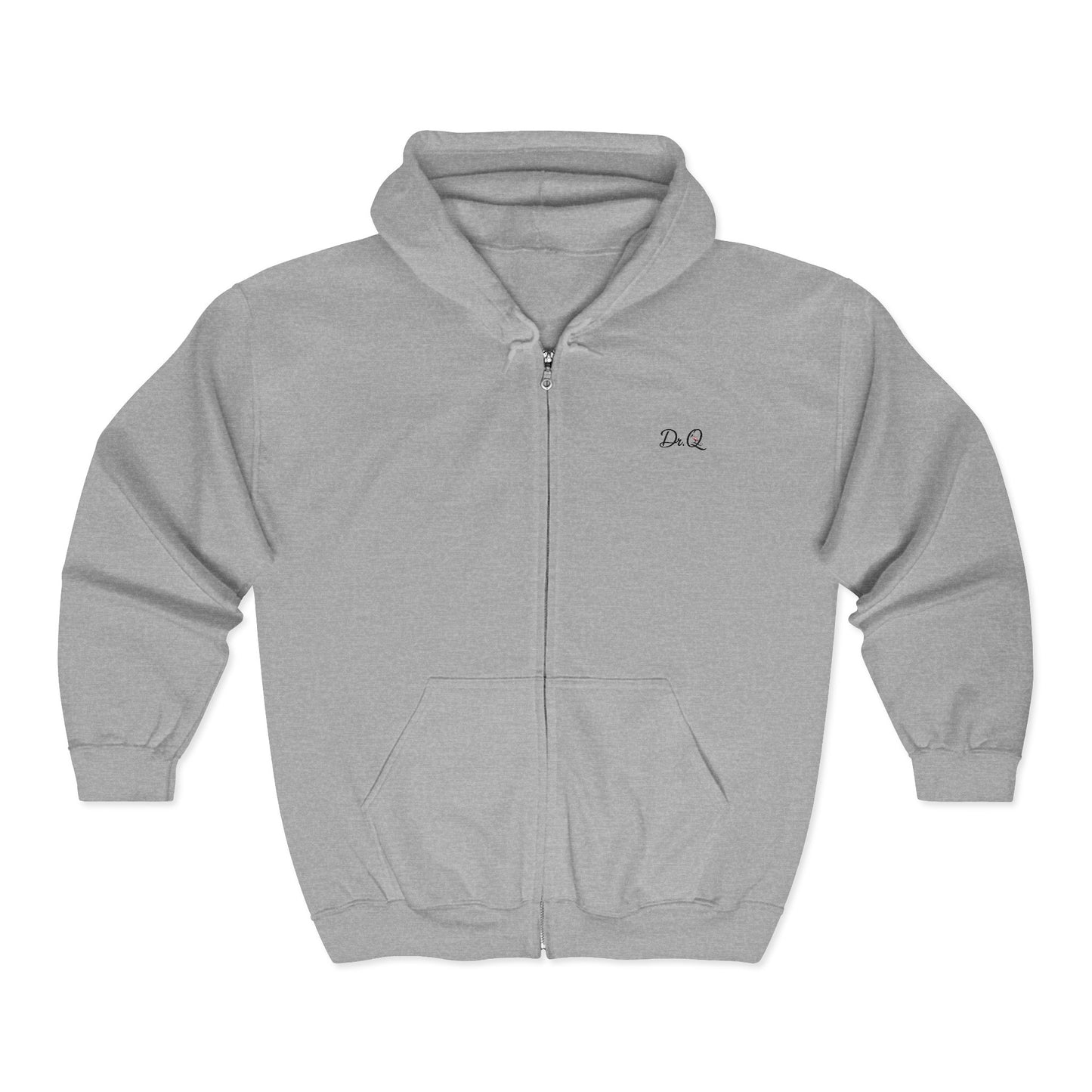 Dr. Q's Full-Zip Hoodie — Woman in Pink Hat Beach Art Zip-Up Sweatshirt