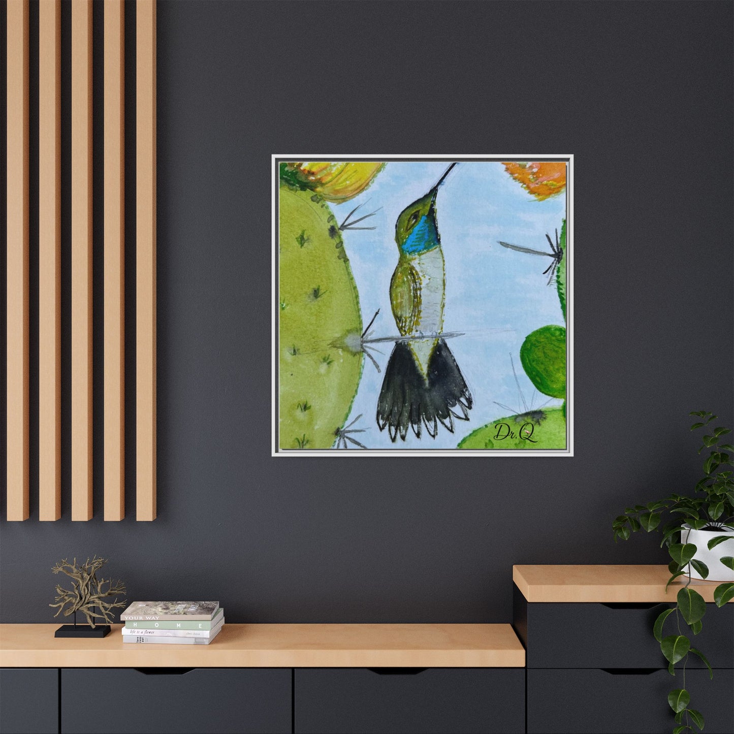 Framed Hummingbird Cactus Watercolor Print on Canvas by Dr. Q — Floral Desert Wall Art