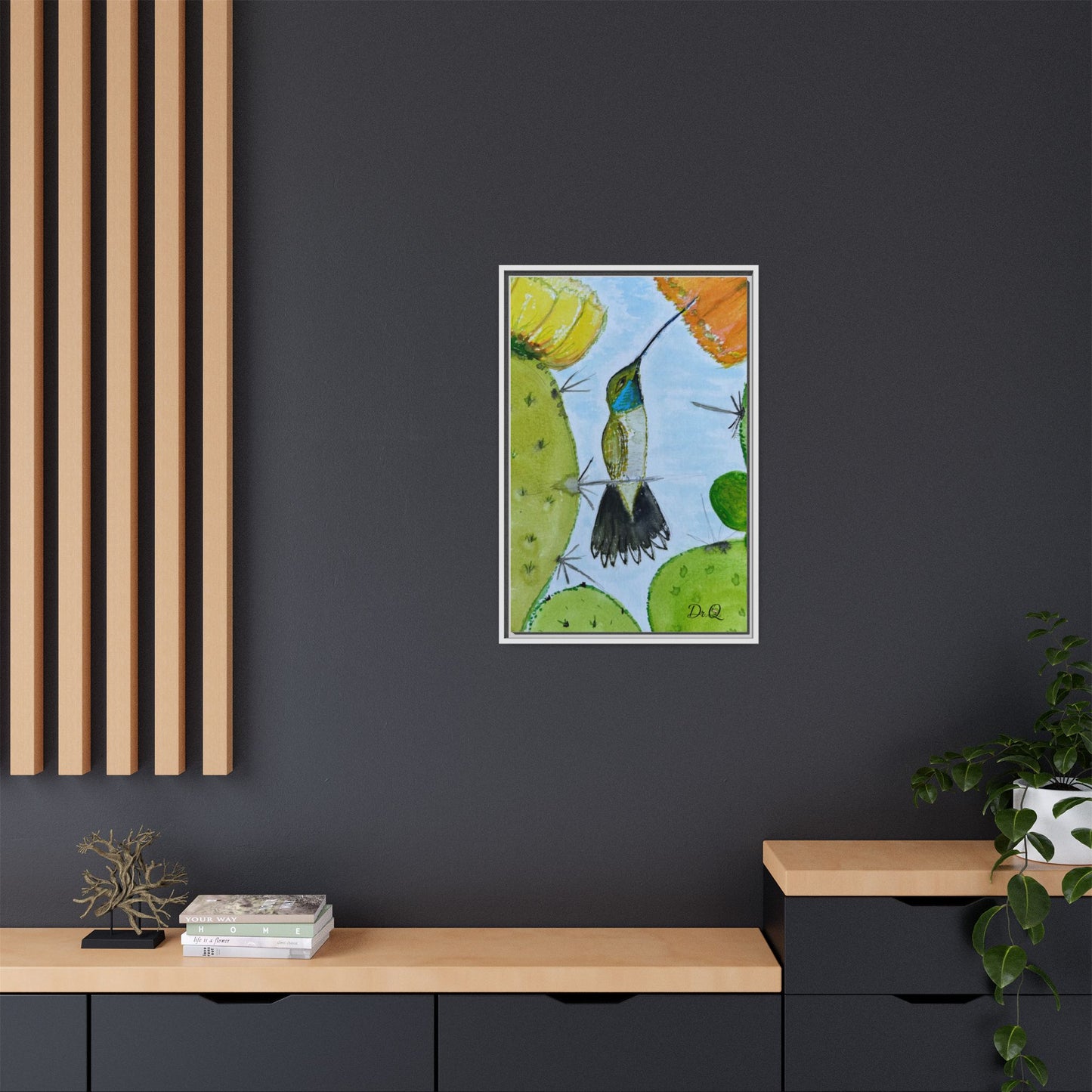 Framed Hummingbird Cactus Watercolor Print on Canvas by Dr. Q — Floral Desert Wall Art