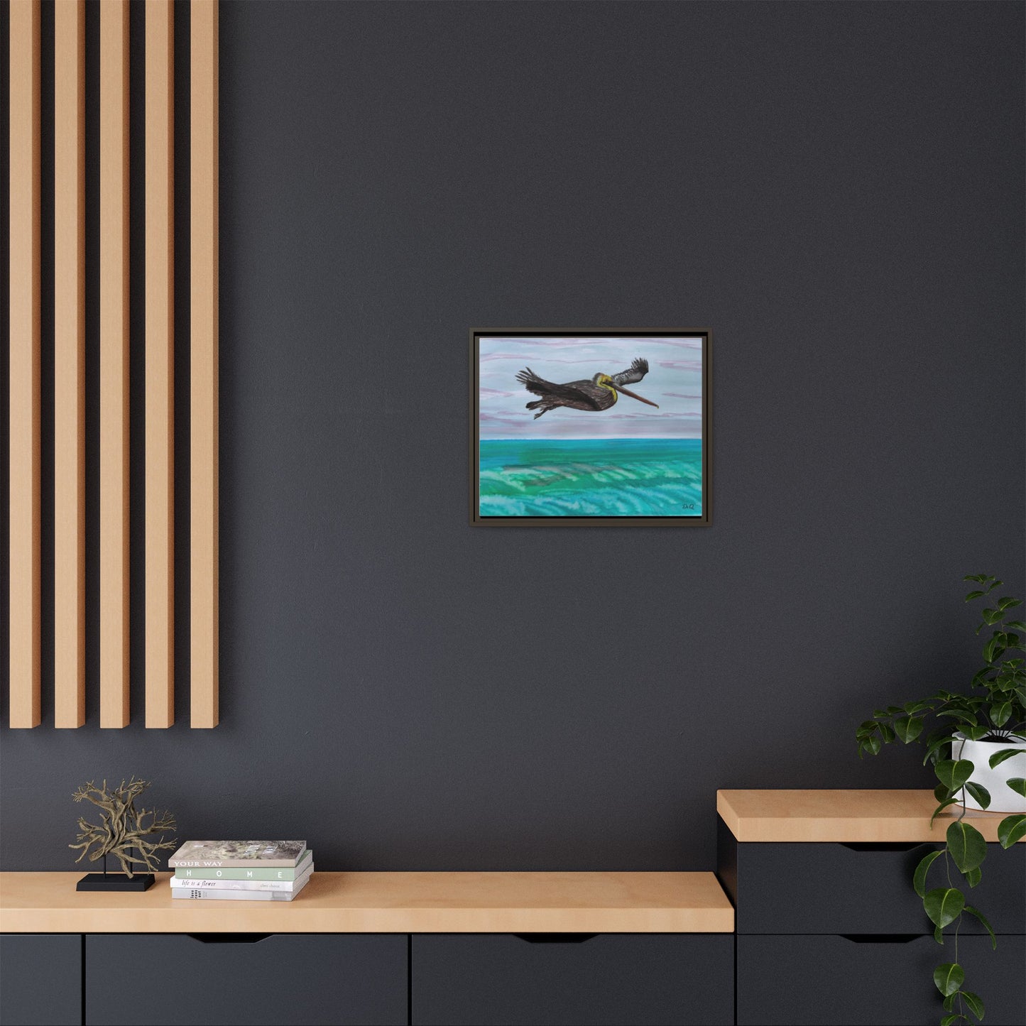 Brown Pelican Over Ocean Matte Framed Canvas Art